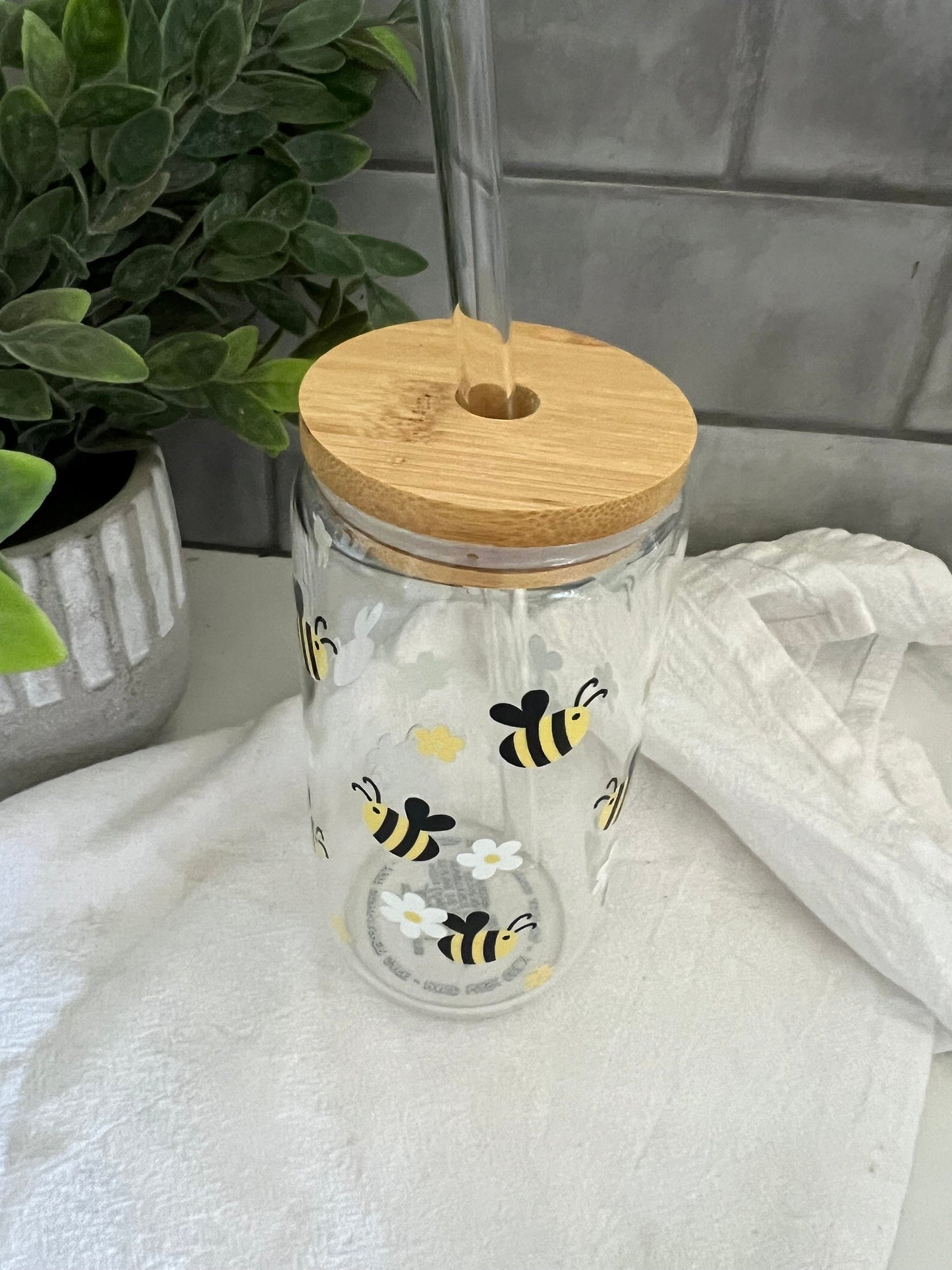 Honey Bee, Iced Coffee Glass Cup, Glass Tumbler with Straw, Libbey Cup, Bee Glass Cup, Bee Love