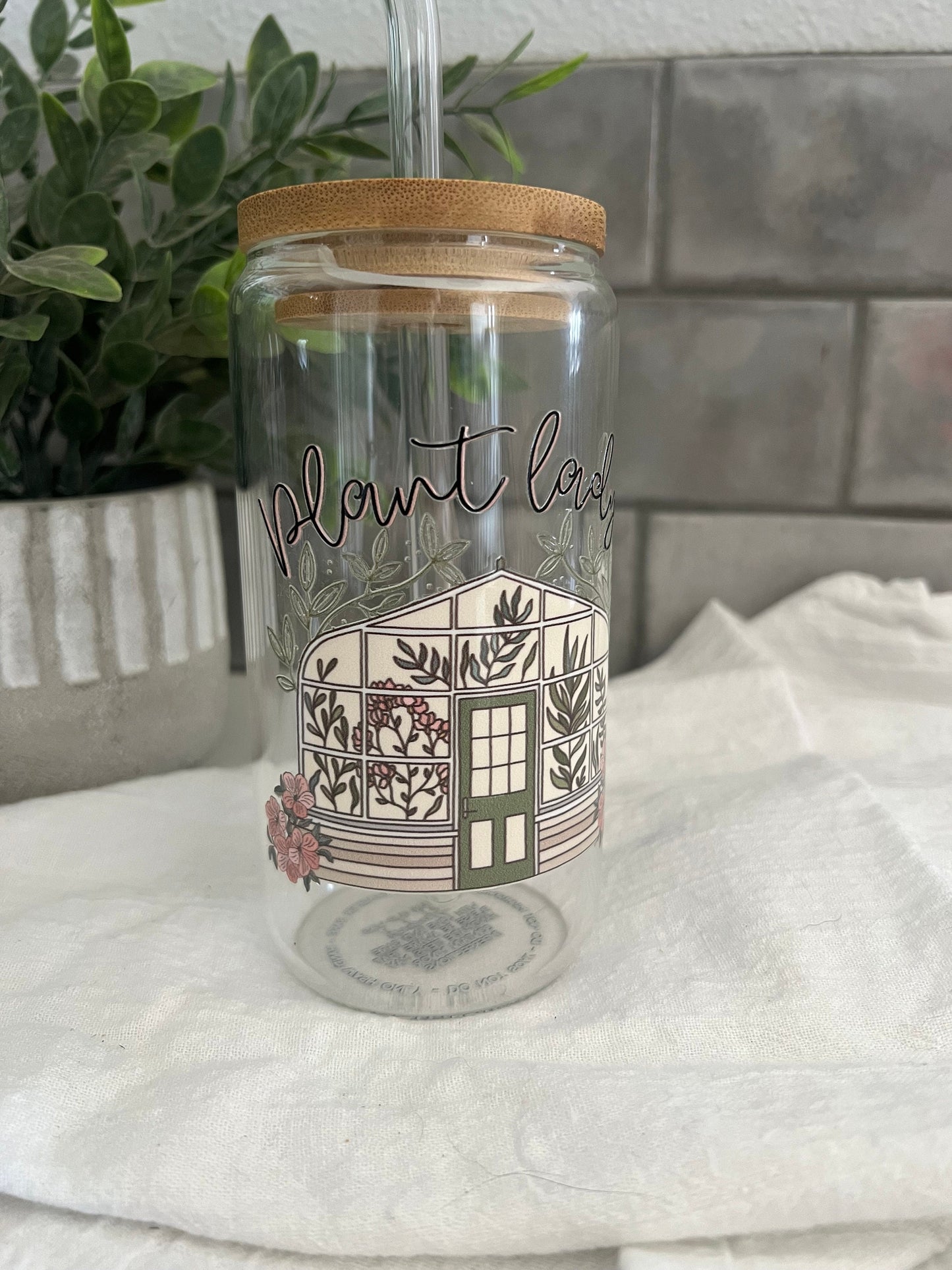 Plant Lady Love, Iced Coffee Glass Cup, Tumbler with Straw, Iced Coffee Cup, 16 oz cup, Plant Lady Cup, Plant Mama Greenhouse