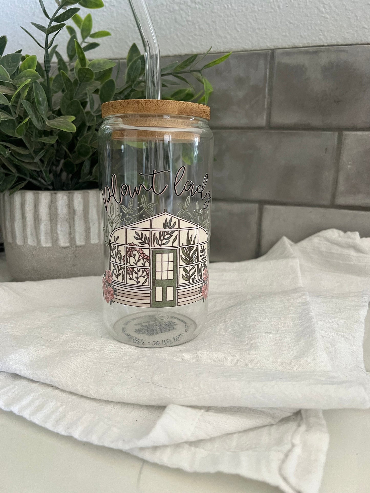 Plant Lady Love, Iced Coffee Glass Cup, Tumbler with Straw, Iced Coffee Cup, 16 oz cup, Plant Lady Cup, Plant Mama Greenhouse