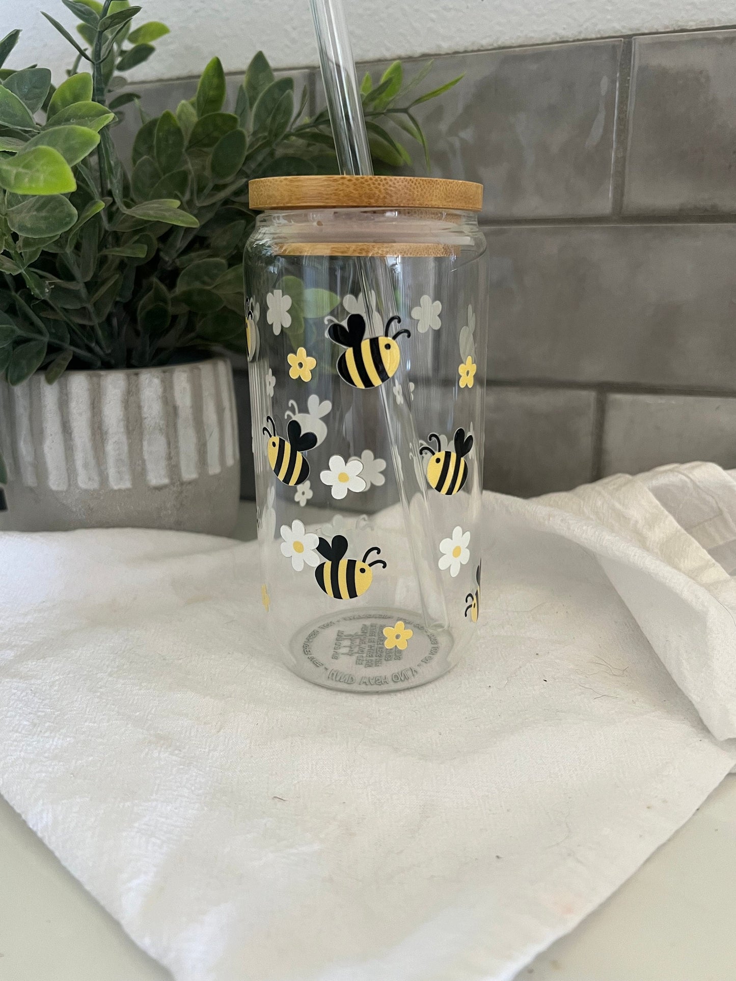 Honey Bee, Iced Coffee Glass Cup, Glass Tumbler with Straw, Libbey Cup, Bee Glass Cup, Bee Love