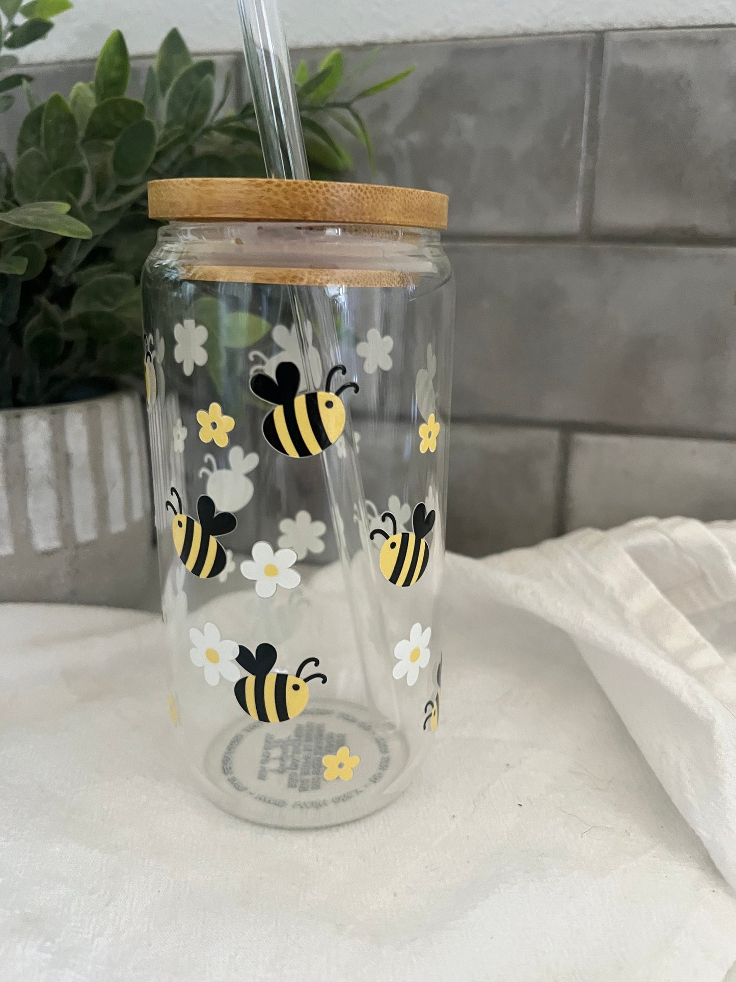 Honey Bee, Iced Coffee Glass Cup, Glass Tumbler with Straw, Libbey Cup, Bee Glass Cup, Bee Love