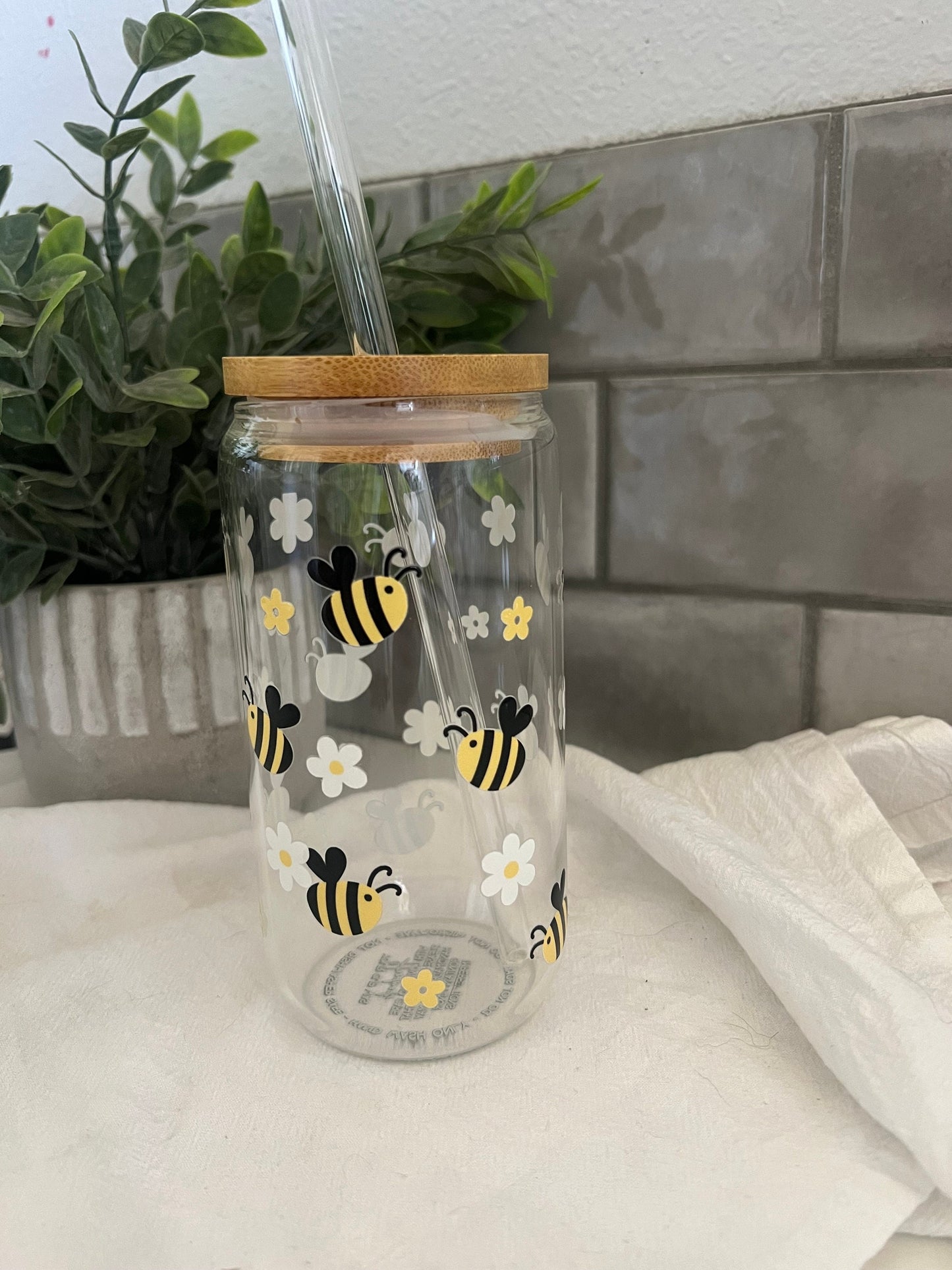 Honey Bee, Iced Coffee Glass Cup, Glass Tumbler with Straw, Libbey Cup, Bee Glass Cup, Bee Love