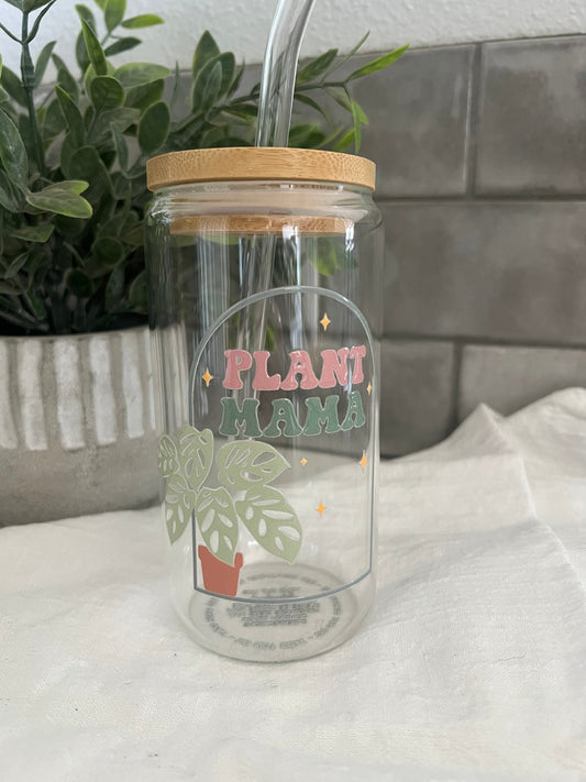 Plant Mama Love, Iced Coffee Glass Cup, Tumbler with Straw, Iced Coffee Cup, 16 oz cup, Houseplant Lover