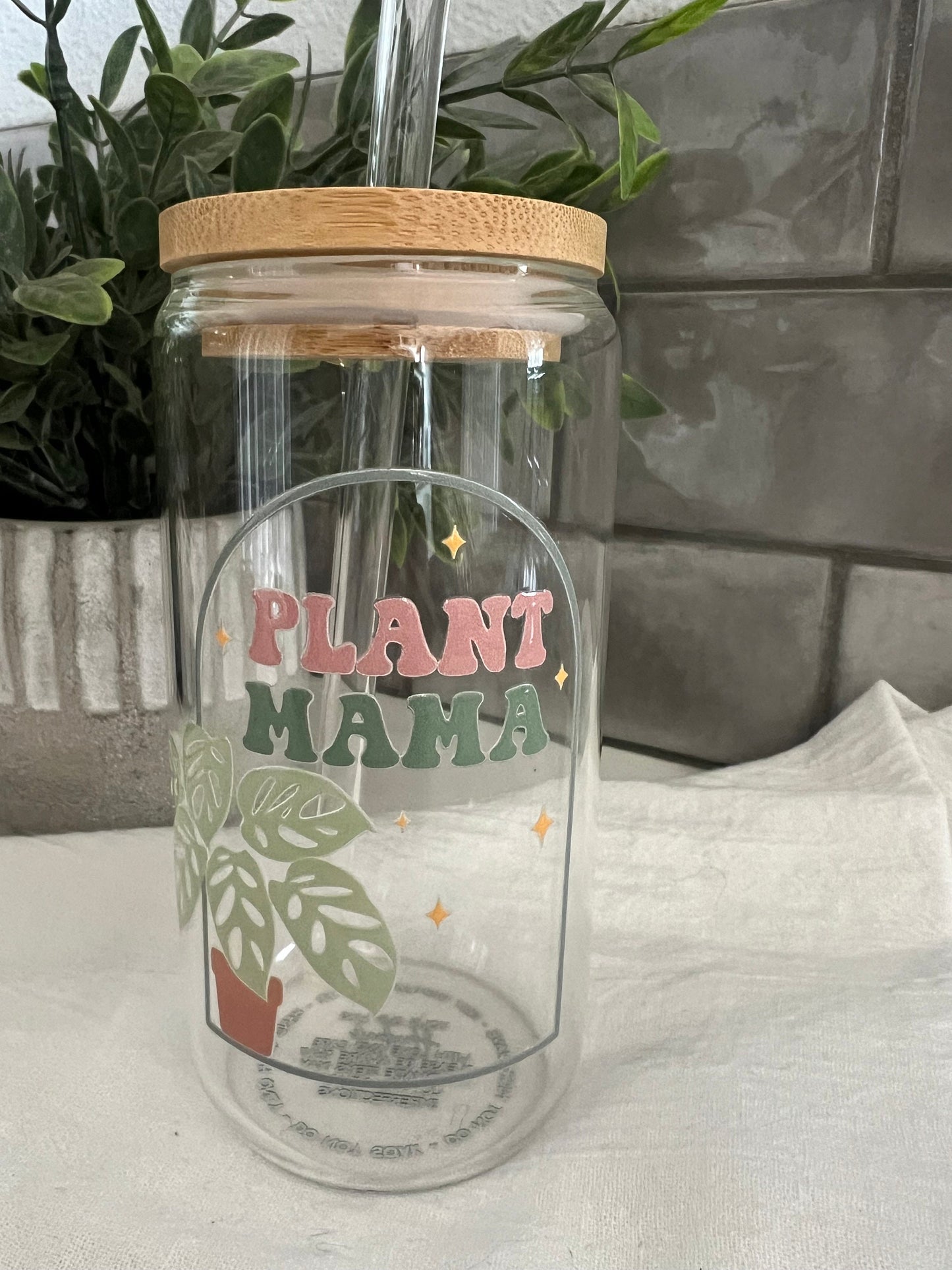 Plant Mama Love, Iced Coffee Glass Cup, Tumbler with Straw, Iced Coffee Cup, 16 oz cup, Houseplant Lover