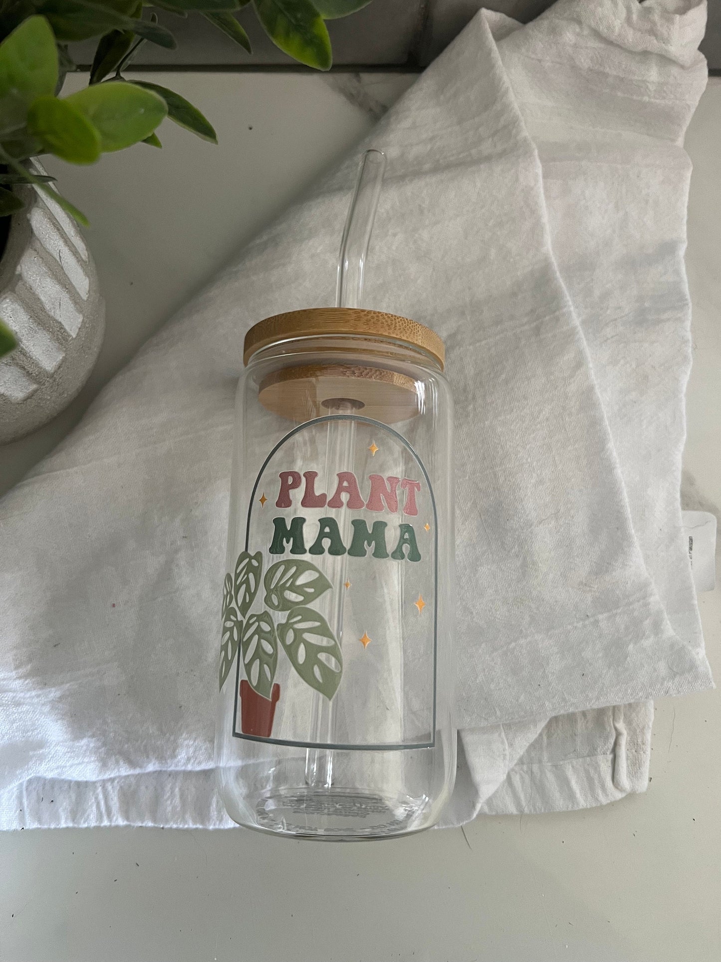 Plant Mama Love, Iced Coffee Glass Cup, Tumbler with Straw, Iced Coffee Cup, 16 oz cup, Houseplant Lover