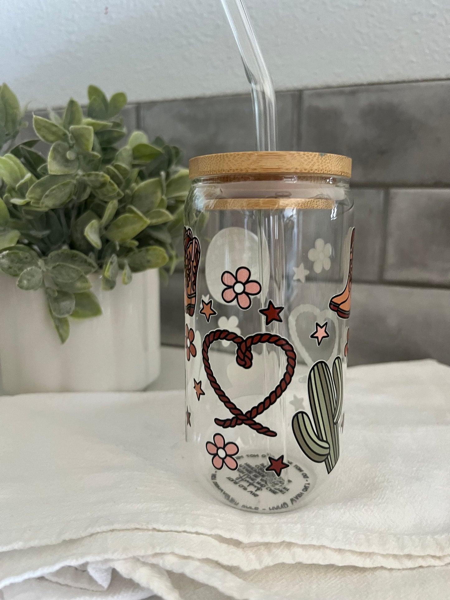 Cowgirl Love Glass Tumbler with Straw, Iced Coffee Cup, 16 oz cup, Cowgirl Up, Texas Cowgirl, Country Girl