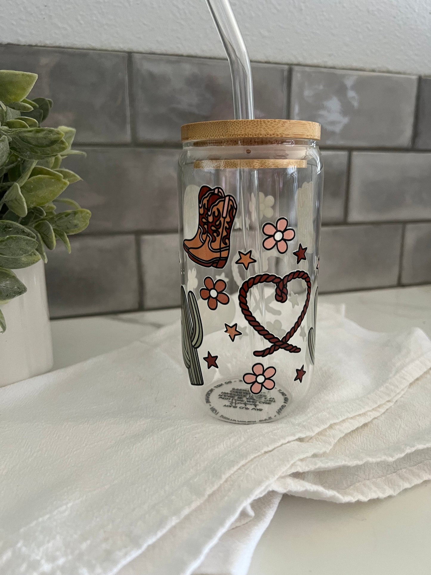 Cowgirl Love Glass Tumbler with Straw, Iced Coffee Cup, 16 oz cup, Cowgirl Up, Texas Cowgirl, Country Girl