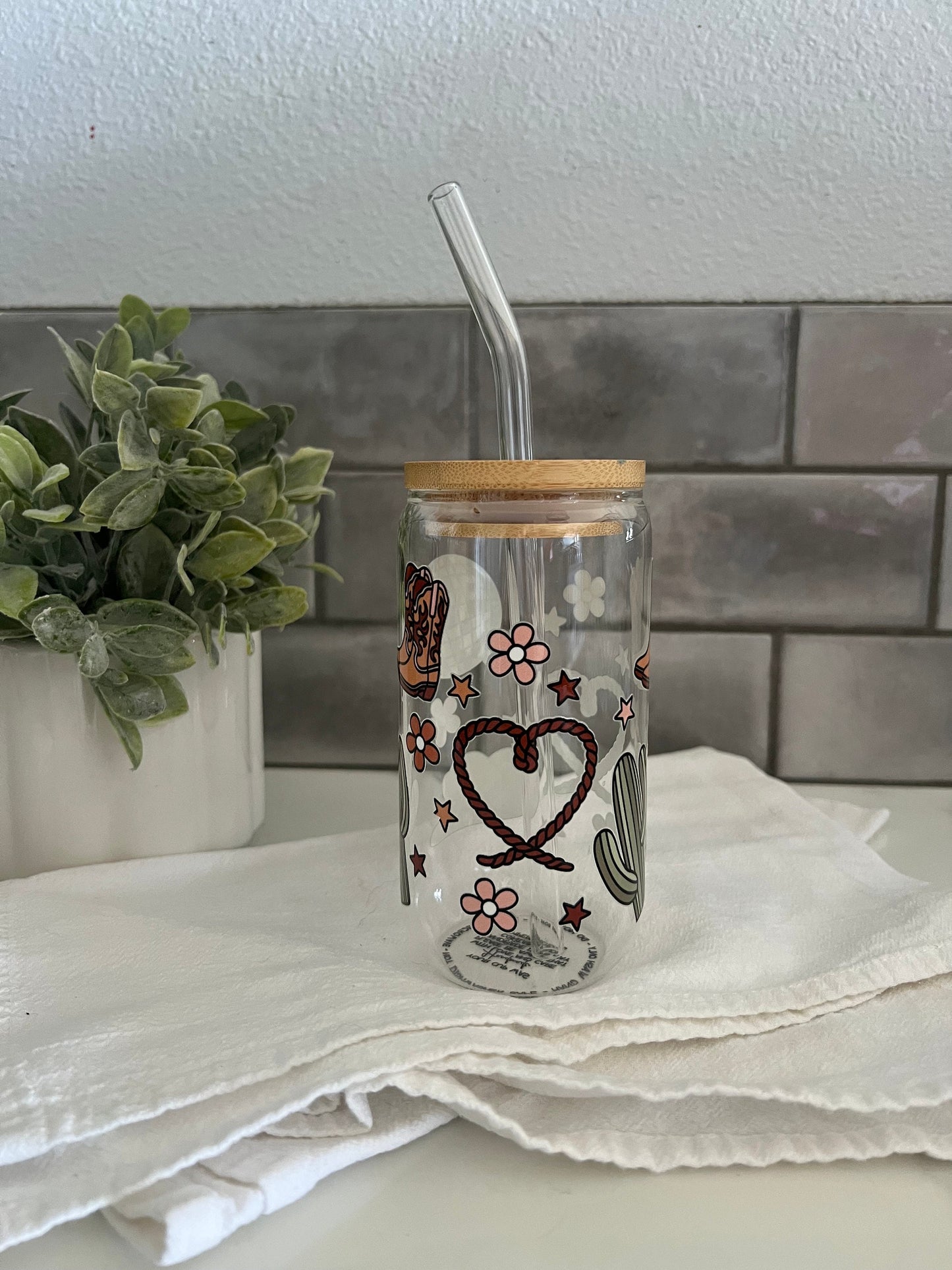 Cowgirl Love Glass Tumbler with Straw, Iced Coffee Cup, 16 oz cup, Cowgirl Up, Texas Cowgirl, Country Girl