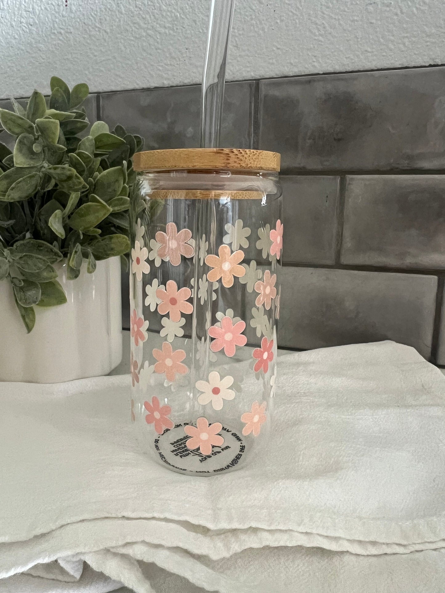 Pink Floral Cup, Iced Coffee Glass Cup, Glass Tumbler with Straw, Libbey Cup, Floral Love, Gardener Gift