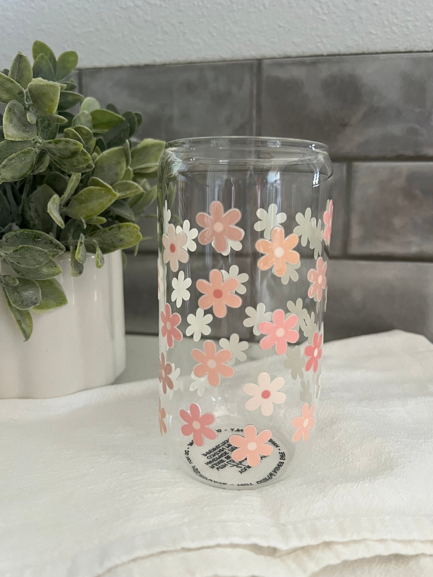 Pink Floral Cup, Iced Coffee Glass Cup, Glass Tumbler with Straw, Libbey Cup, Floral Love, Gardener Gift