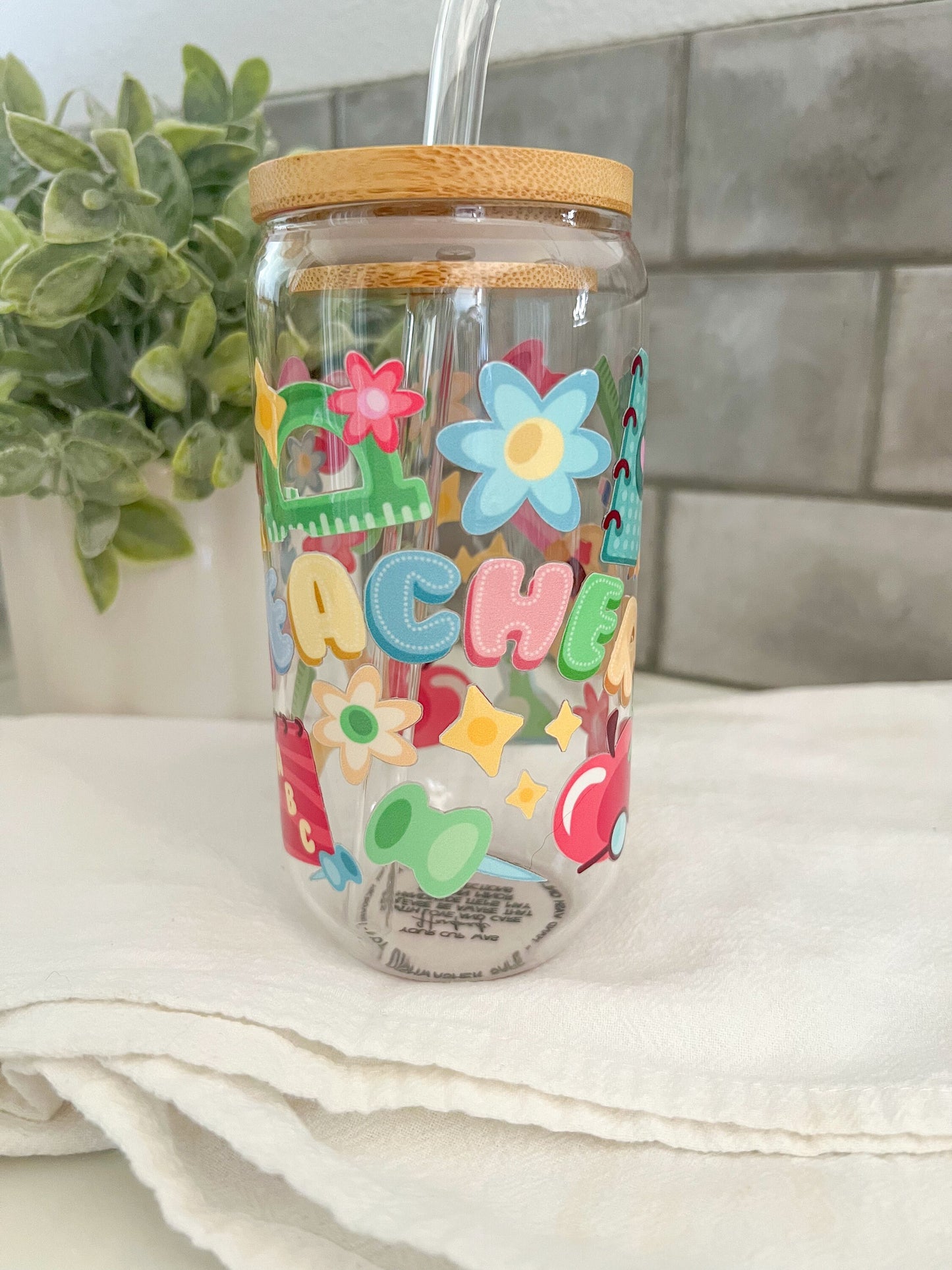 Glass Tumbler with Straw, Iced Coffee Cup, 16 oz cup, Teacher Gift, Teacher Love, Elementary Teacher Gift