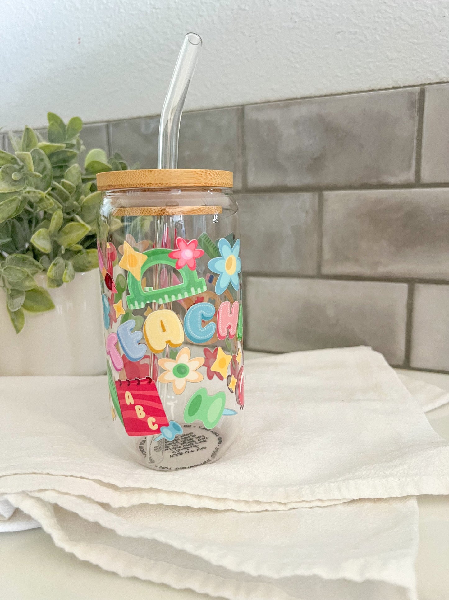 Glass Tumbler with Straw, Iced Coffee Cup, 16 oz cup, Teacher Gift, Teacher Love, Elementary Teacher Gift