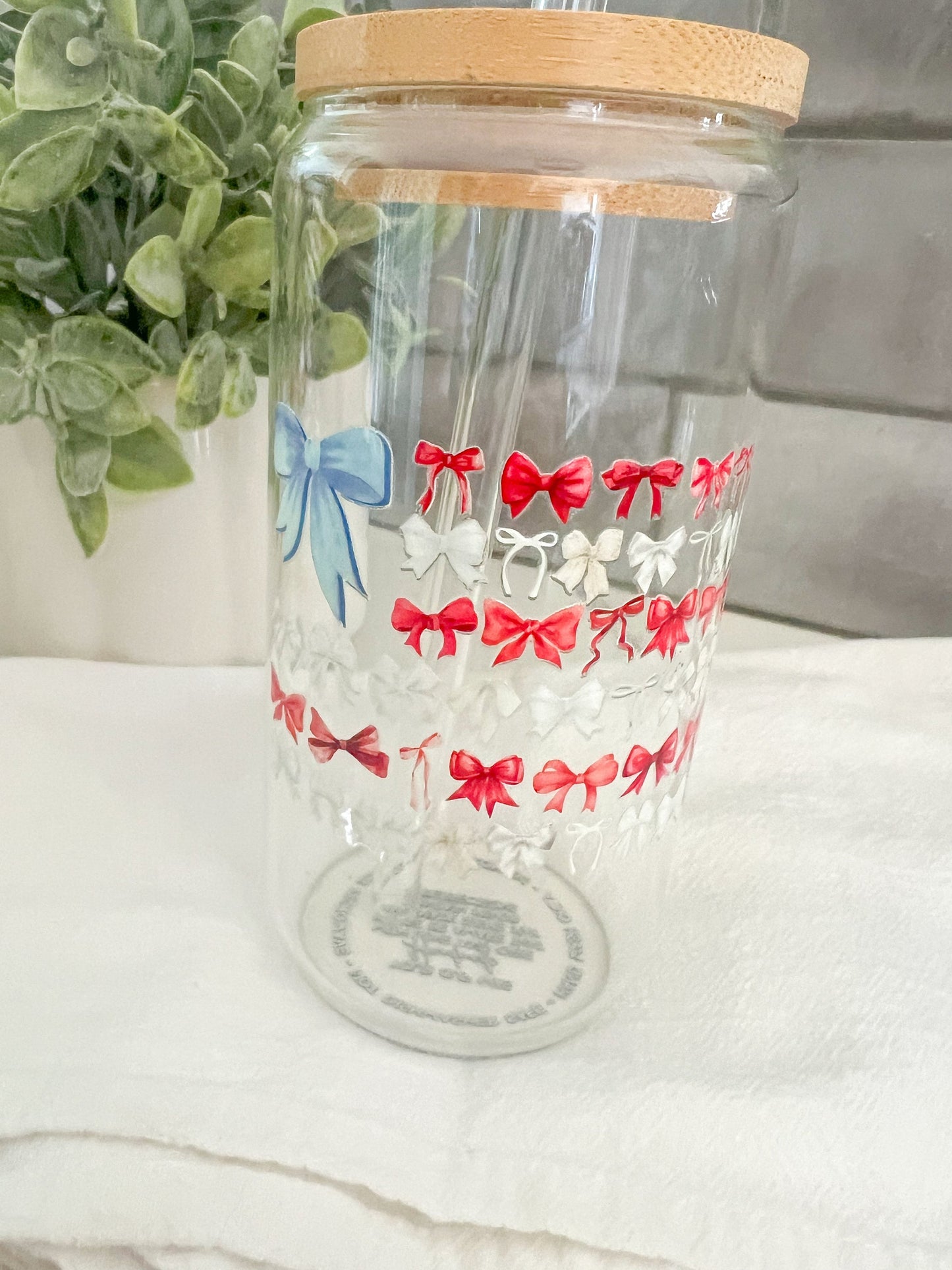 American Flag, Iced Coffee Glass Cup, Glass Tumbler with Straw, Libbey Cup, Red, White & Blue Bows, 4th of July, American Pride