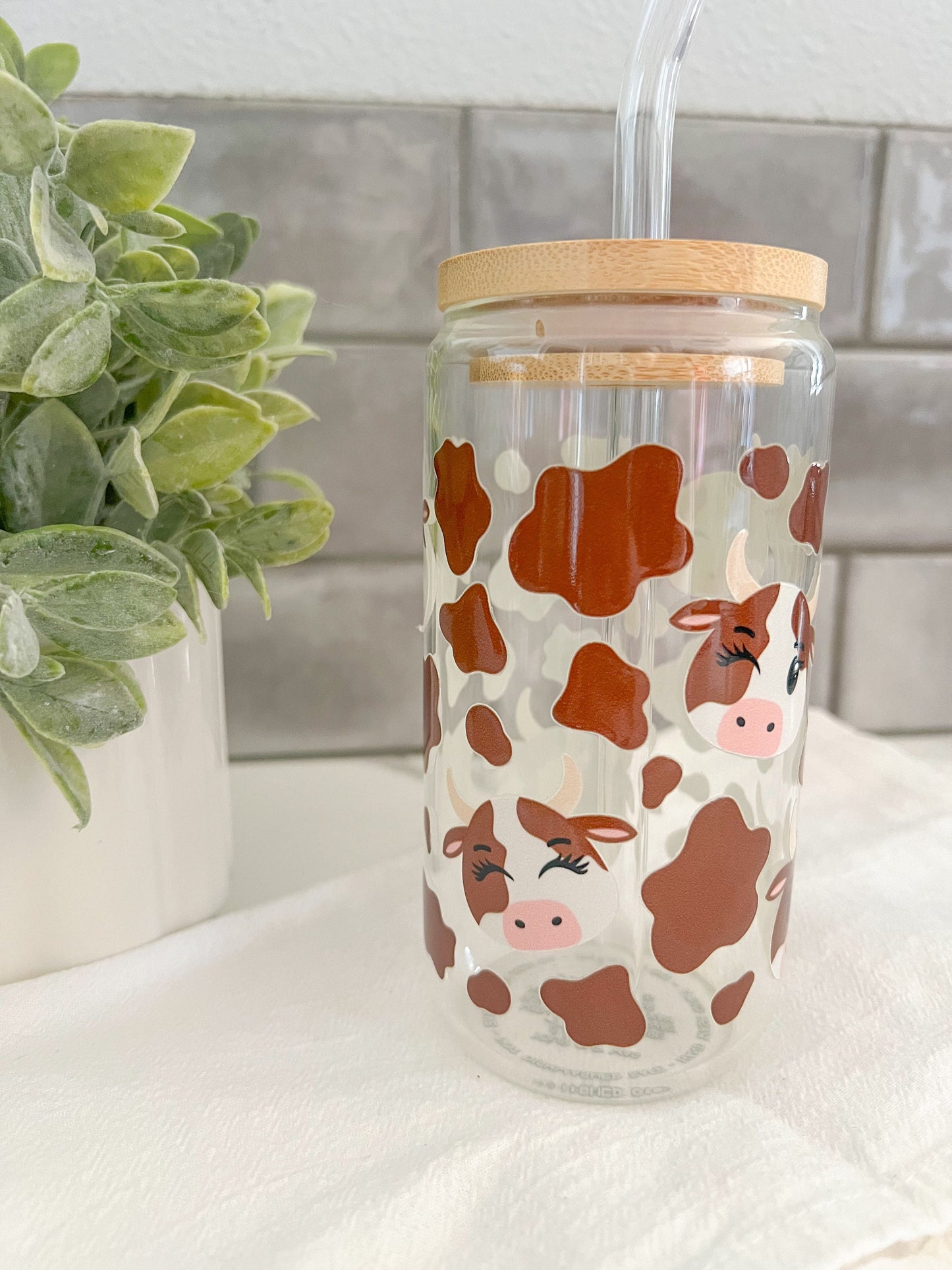 Glass Tumbler with Straw, Iced Coffee Cup, 16 oz cup, Cow Lover Gift, Cow Print Cup, Brown Cow