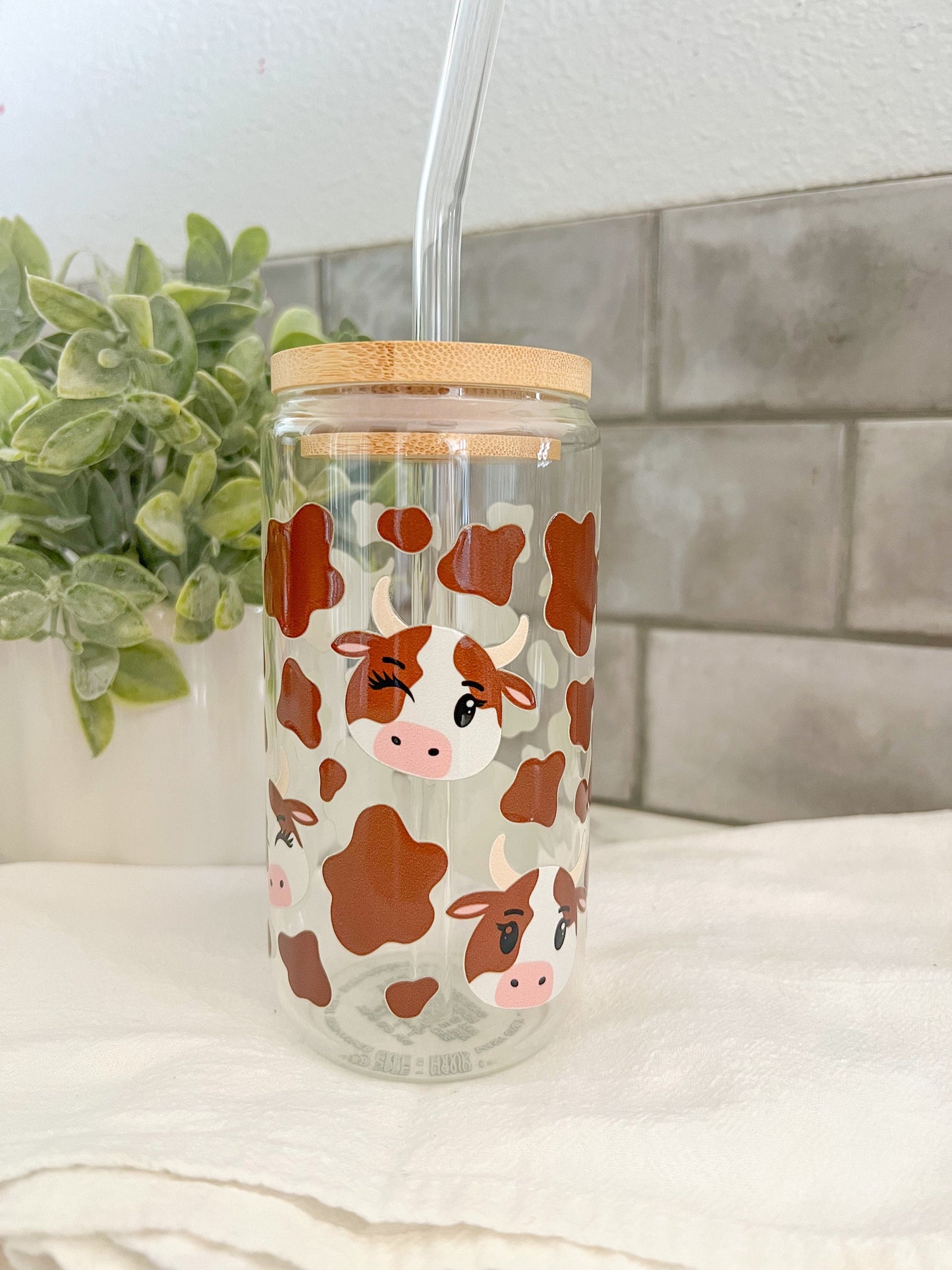 Glass Tumbler with Straw, Iced Coffee Cup, 16 oz cup, Cow Lover Gift, Cow Print Cup, Brown Cow