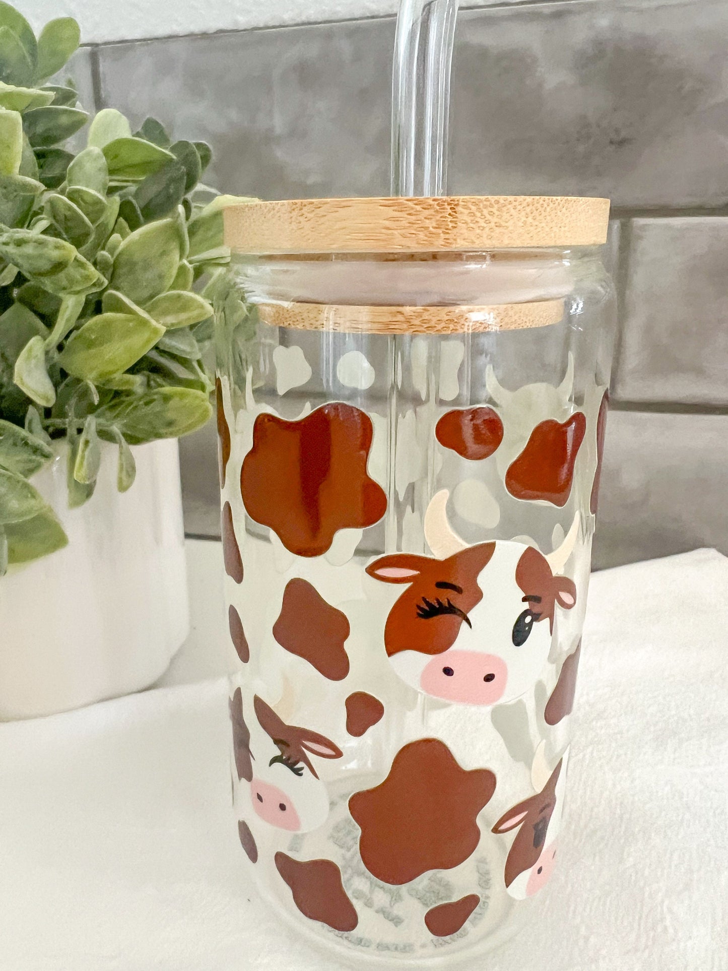 Glass Tumbler with Straw, Iced Coffee Cup, 16 oz cup, Cow Lover Gift, Cow Print Cup, Brown Cow