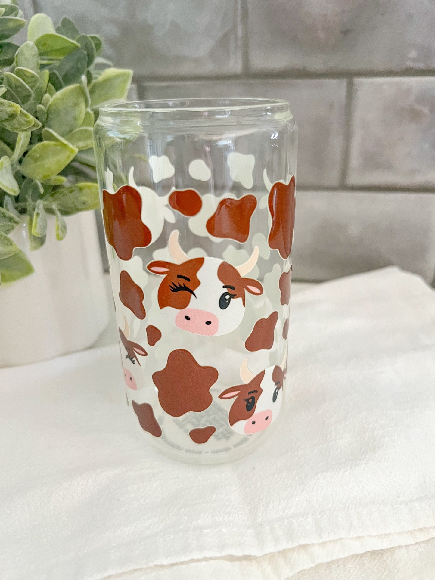 Glass Tumbler with Straw, Iced Coffee Cup, 16 oz cup, Cow Lover Gift, Cow Print Cup, Brown Cow