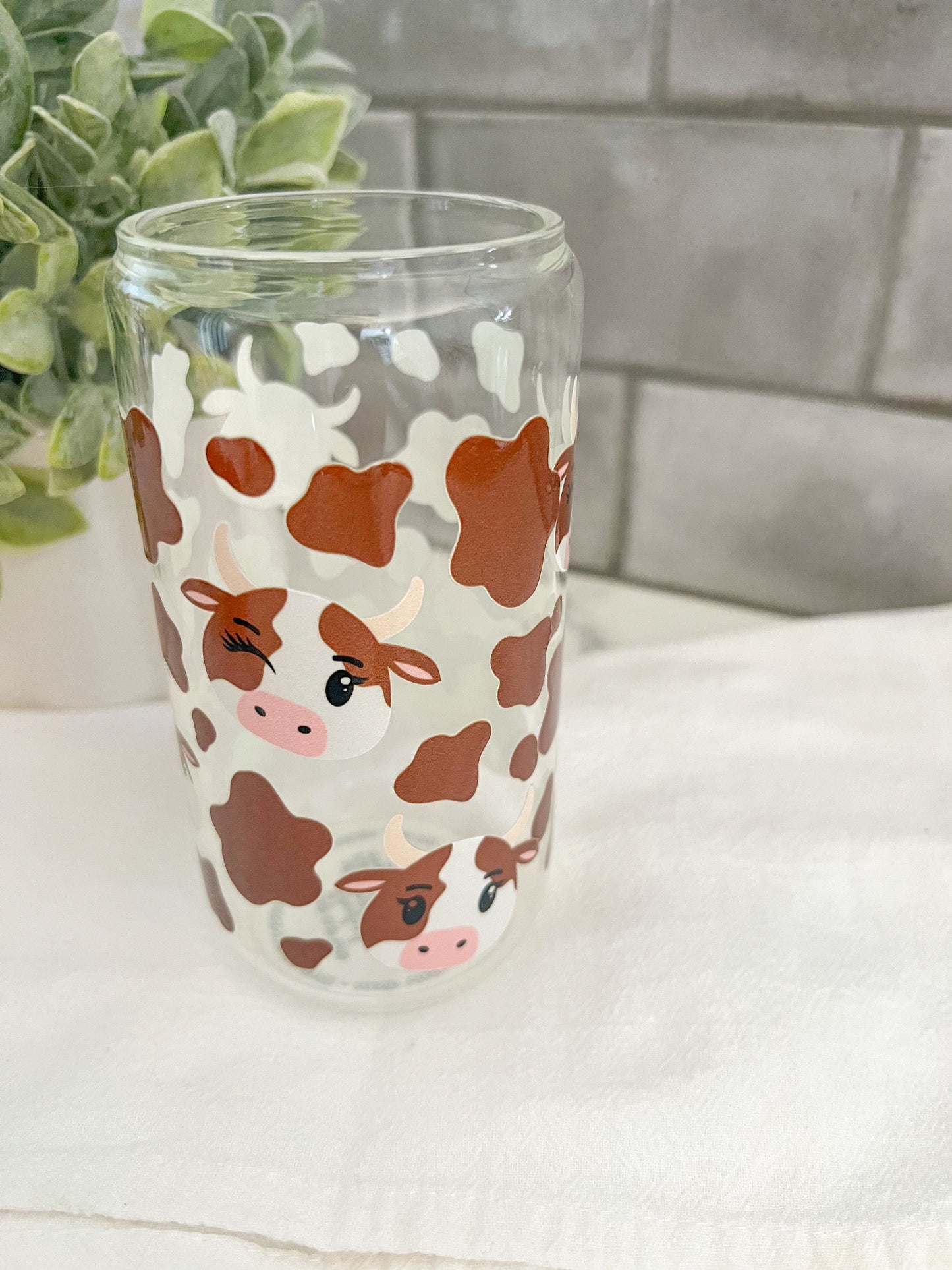 Glass Tumbler with Straw, Iced Coffee Cup, 16 oz cup, Cow Lover Gift, Cow Print Cup, Brown Cow