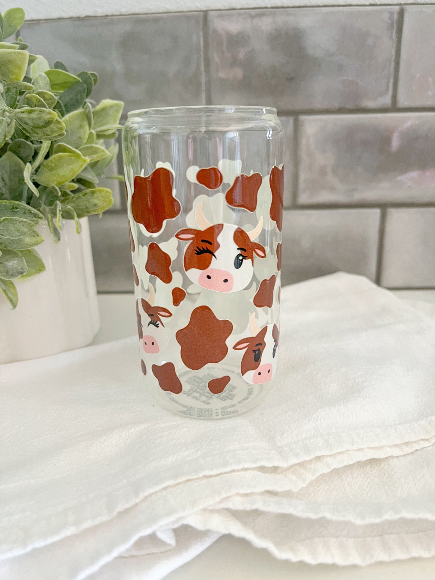 Glass Tumbler with Straw, Iced Coffee Cup, 16 oz cup, Cow Lover Gift, Cow Print Cup, Brown Cow