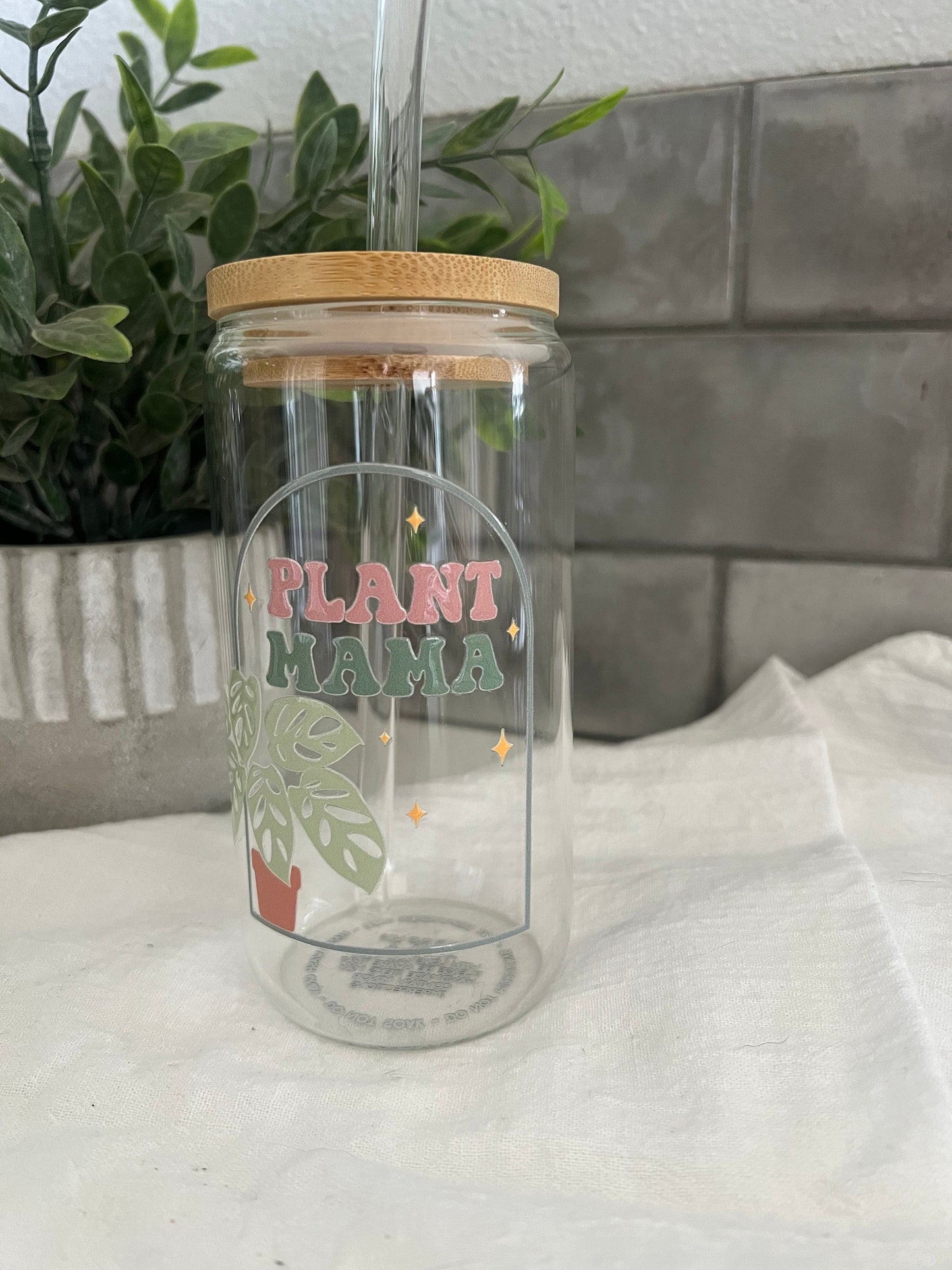 Plant Mama Love, Iced Coffee Glass Cup, Tumbler with Straw, Iced Coffee Cup, 16 oz cup, Houseplant Lover