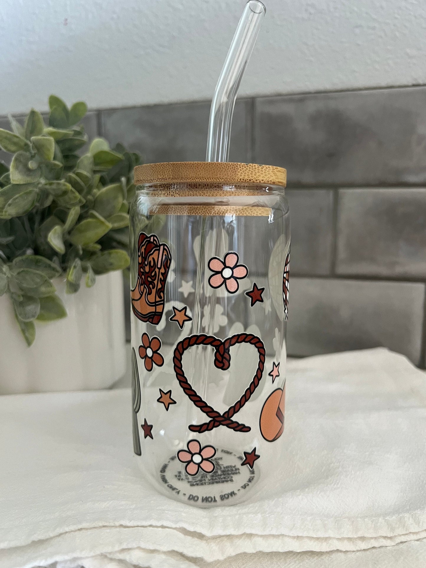 Cowgirl Love Glass Tumbler with Straw, Iced Coffee Cup, 16 oz cup, Cowgirl Up, Texas Cowgirl, Country Girl