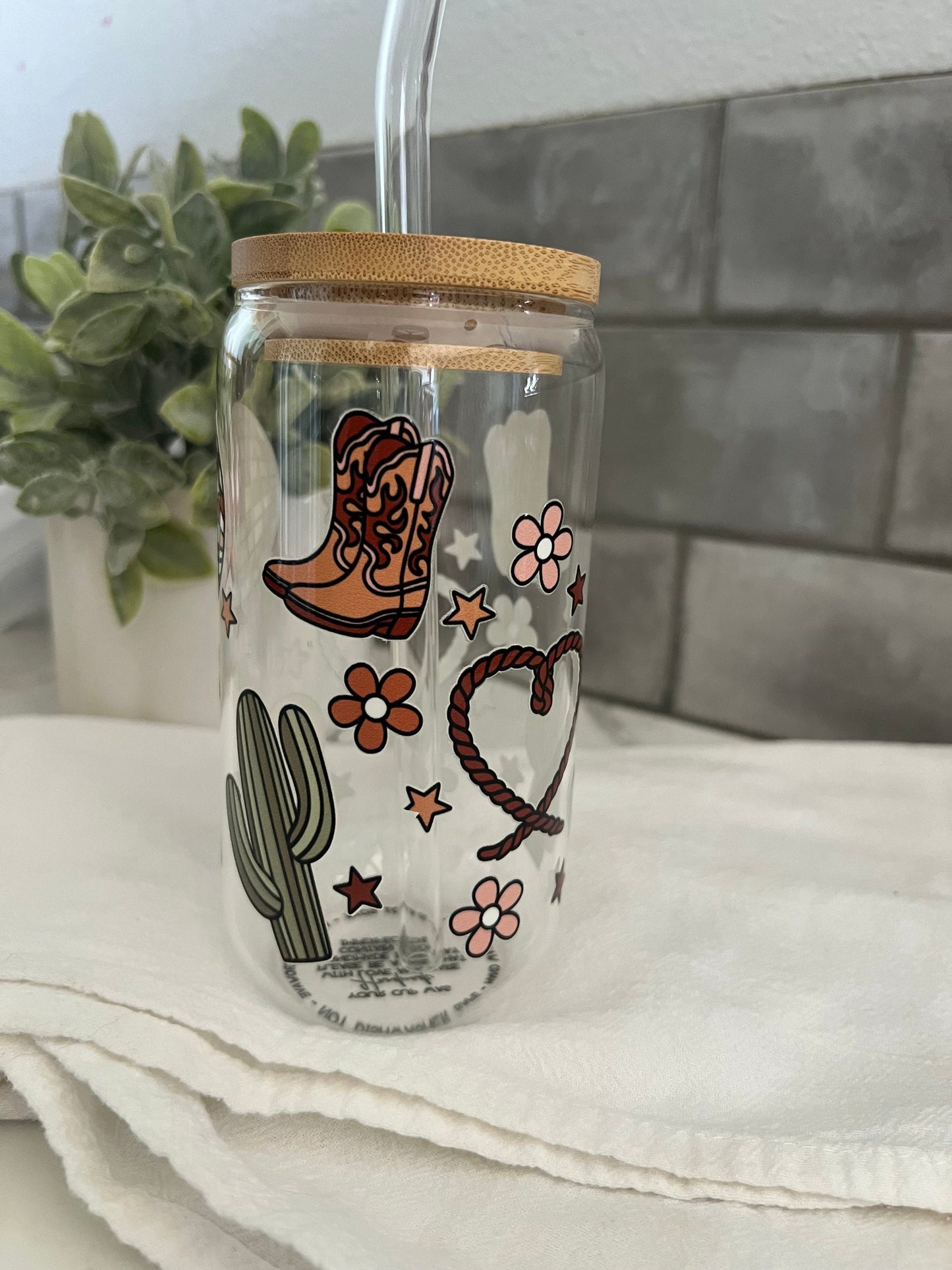 Cowgirl Love Glass Tumbler with Straw, Iced Coffee Cup, 16 oz cup, Cowgirl Up, Texas Cowgirl, Country Girl