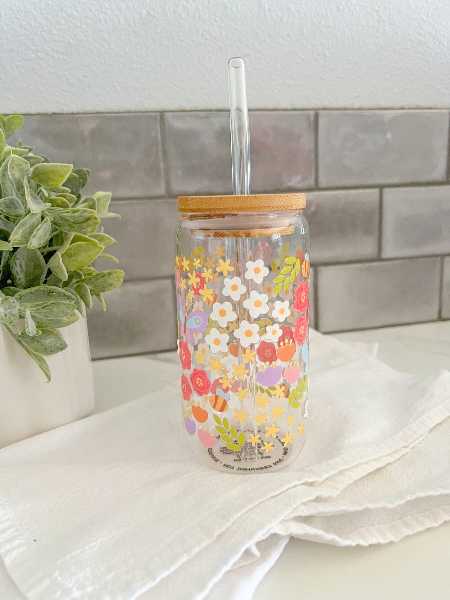 Floral Glass Cup, Glass Tumbler with Straw, Iced Coffee Cup, 16 oz cup, Flower Garden, Flower Lover Gift