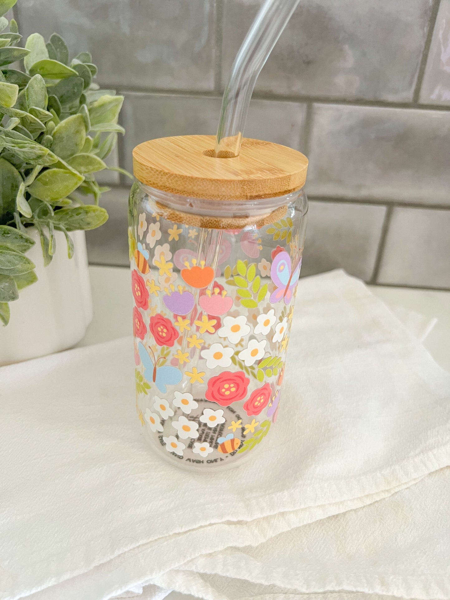 Floral Glass Cup, Glass Tumbler with Straw, Iced Coffee Cup, 16 oz cup, Flower Garden, Flower Lover Gift