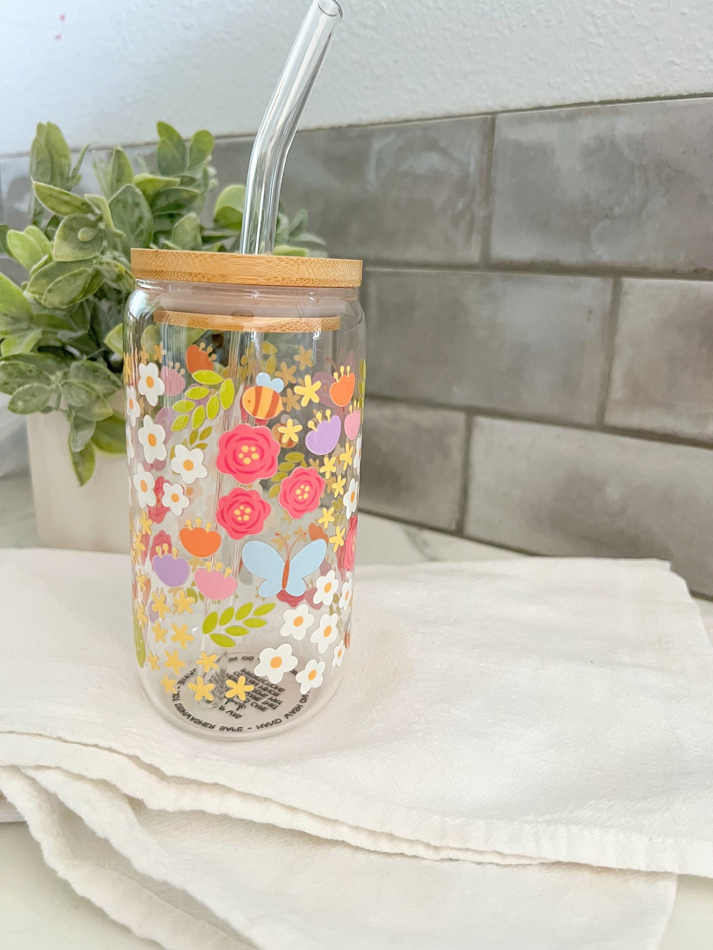 Floral Glass Cup, Glass Tumbler with Straw, Iced Coffee Cup, 16 oz cup, Flower Garden, Flower Lover Gift