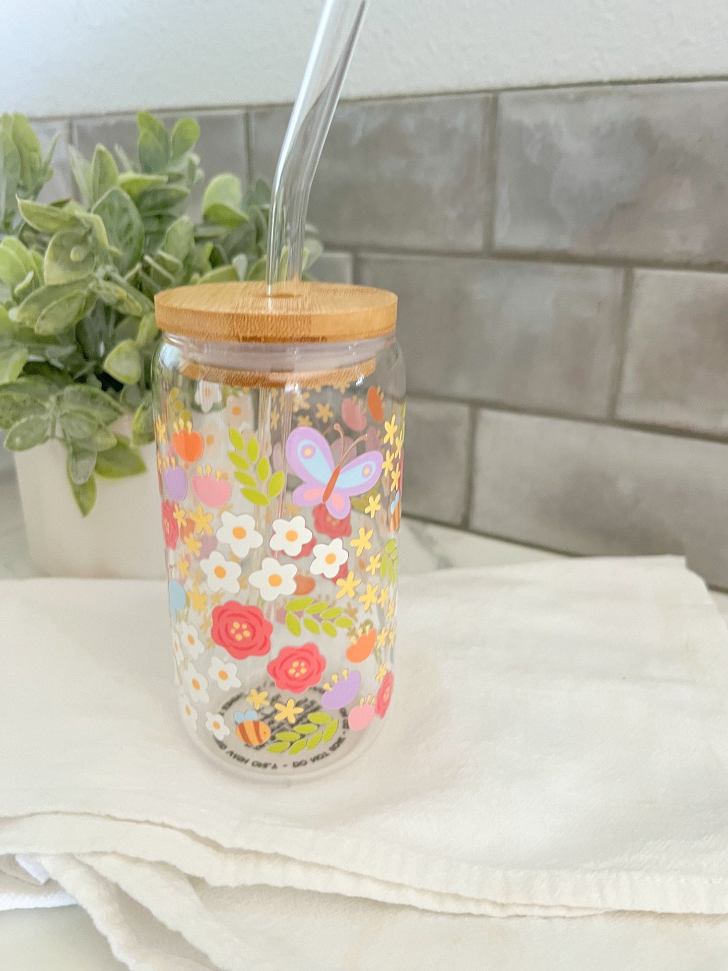 Floral Glass Cup, Glass Tumbler with Straw, Iced Coffee Cup, 16 oz cup, Flower Garden, Flower Lover Gift