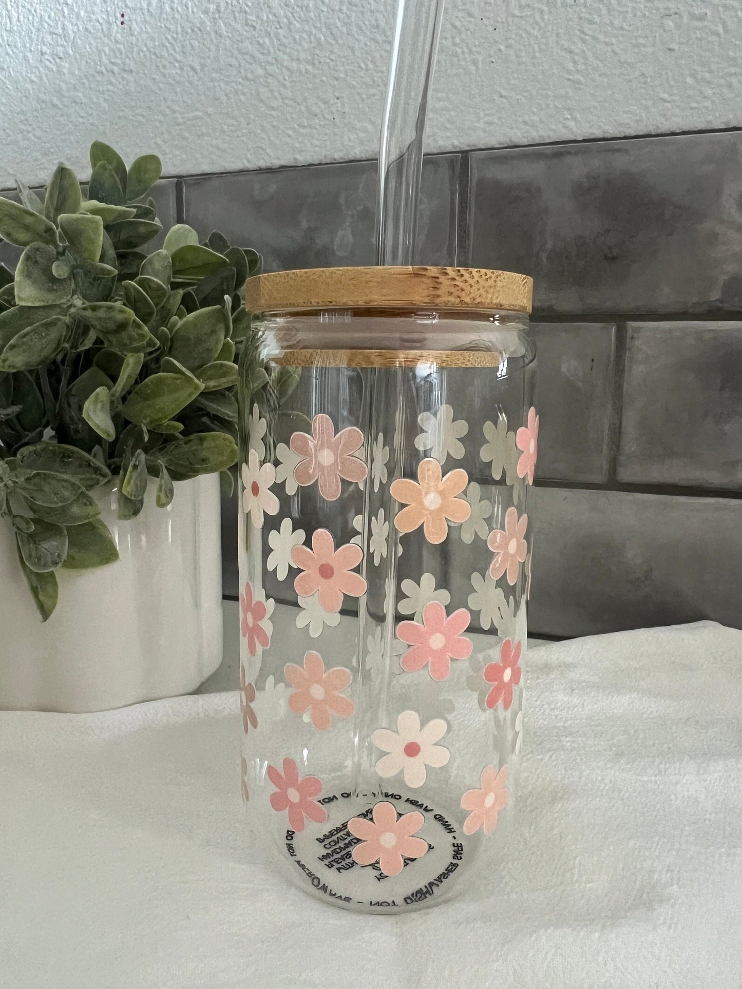 Pink Floral Cup, Iced Coffee Glass Cup, Glass Tumbler with Straw, Libbey Cup, Floral Love, Gardener Gift