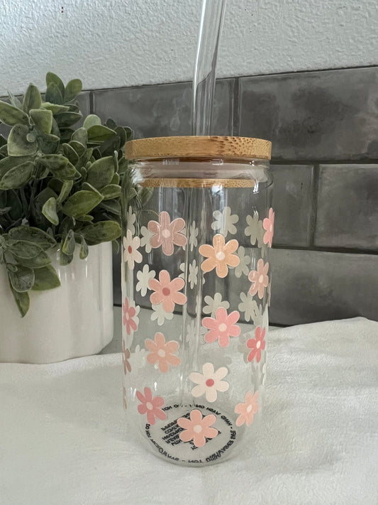 Pink Floral Cup, Iced Coffee Glass Cup, Glass Tumbler with Straw, Libbey Cup, Floral Love, Gardener Gift