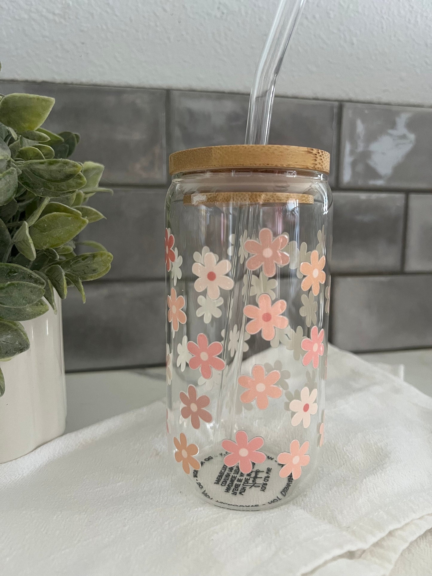 Pink Floral Cup, Iced Coffee Glass Cup, Glass Tumbler with Straw, Libbey Cup, Floral Love, Gardener Gift