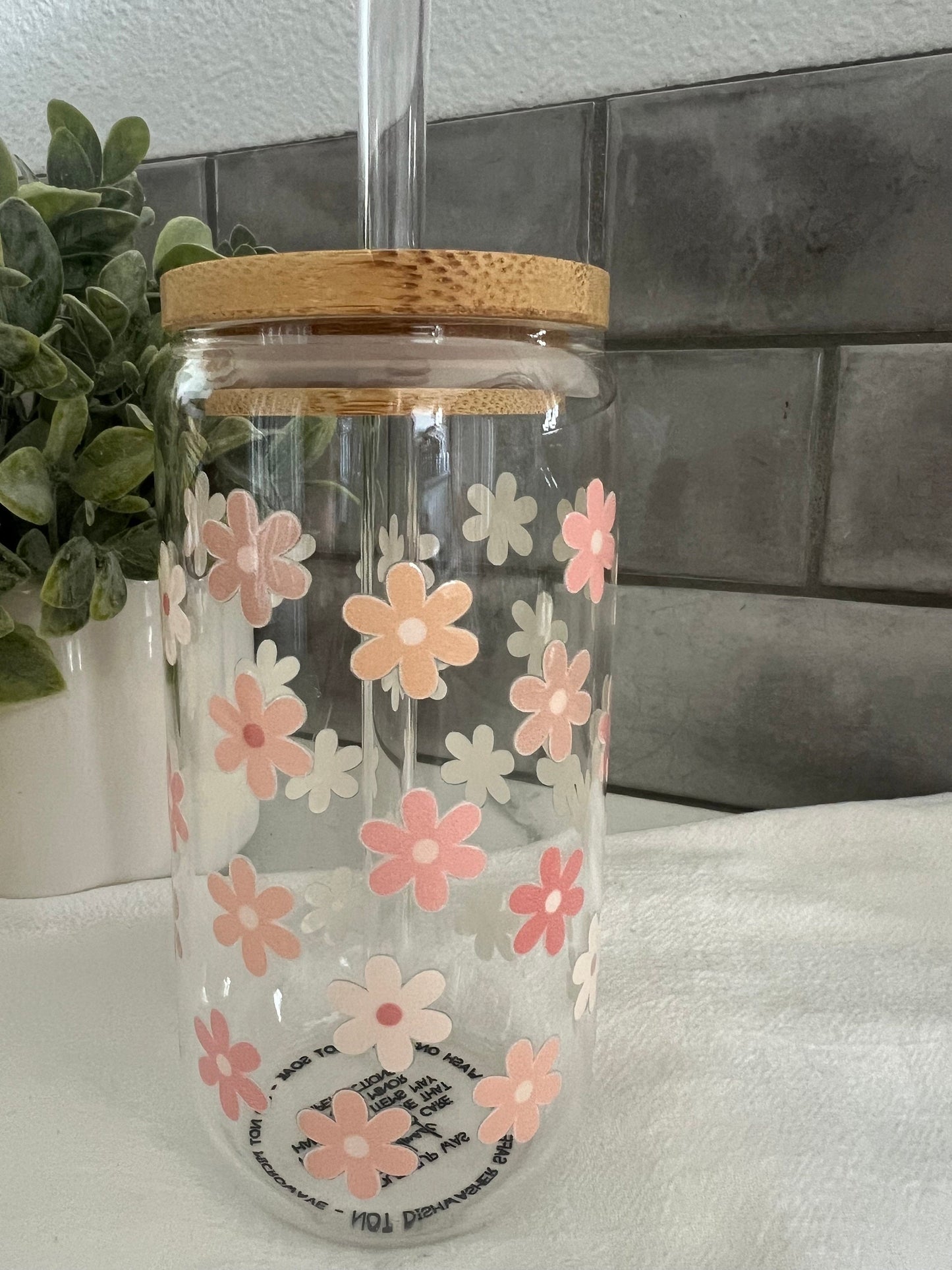 Pink Floral Cup, Iced Coffee Glass Cup, Glass Tumbler with Straw, Libbey Cup, Floral Love, Gardener Gift