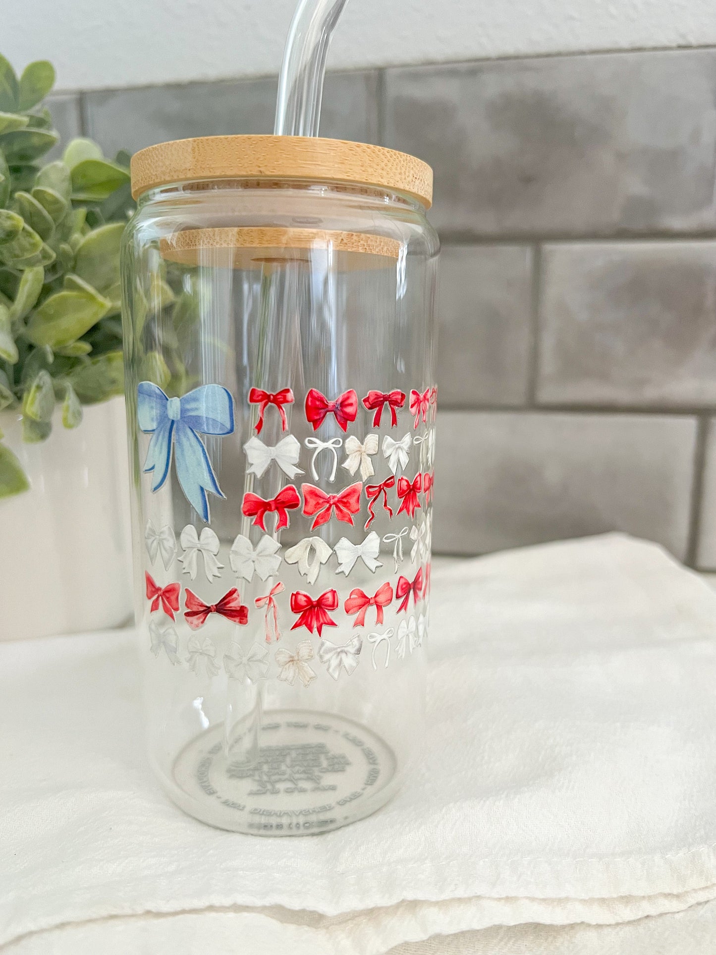 American Flag, Iced Coffee Glass Cup, Glass Tumbler with Straw, Libbey Cup, Red, White & Blue Bows, 4th of July, American Pride