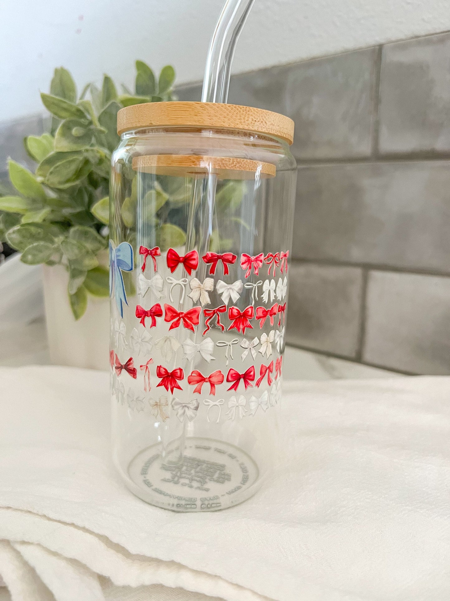 American Flag, Iced Coffee Glass Cup, Glass Tumbler with Straw, Libbey Cup, Red, White & Blue Bows, 4th of July, American Pride