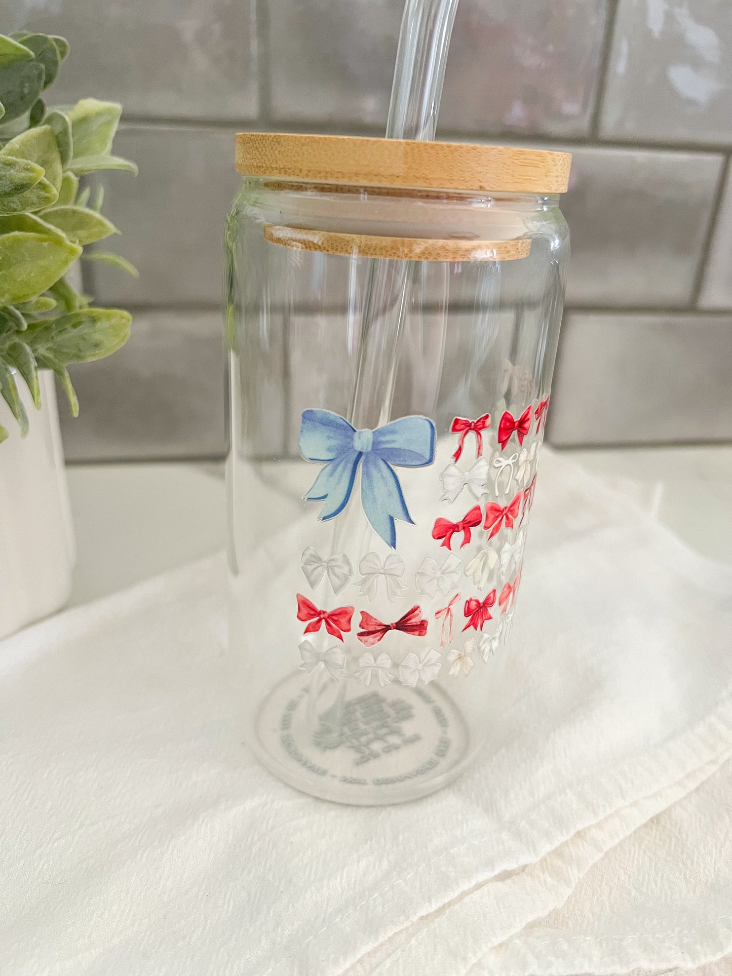 American Flag, Iced Coffee Glass Cup, Glass Tumbler with Straw, Libbey Cup, Red, White & Blue Bows, 4th of July, American Pride