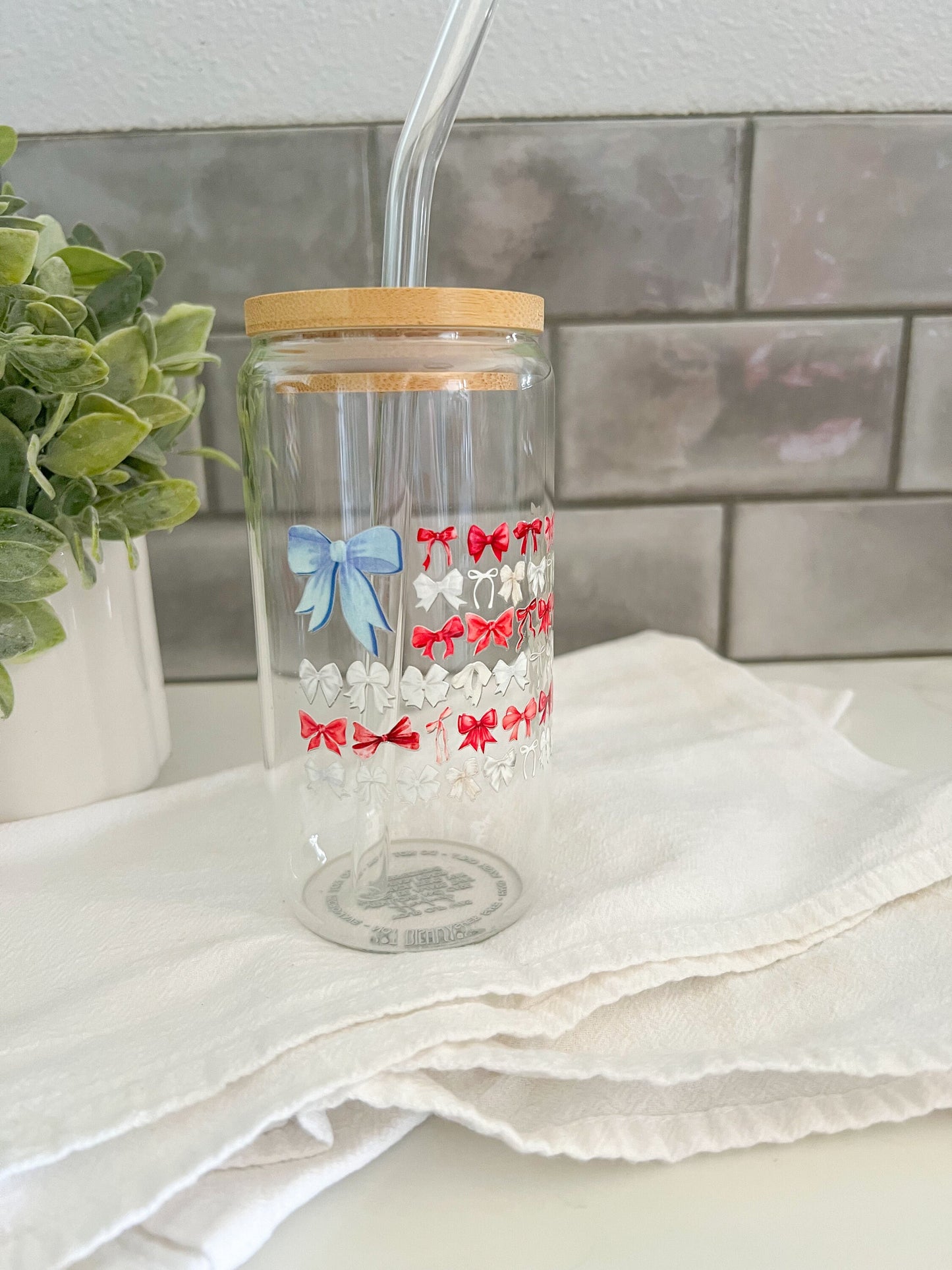 American Flag, Iced Coffee Glass Cup, Glass Tumbler with Straw, Libbey Cup, Red, White & Blue Bows, 4th of July, American Pride