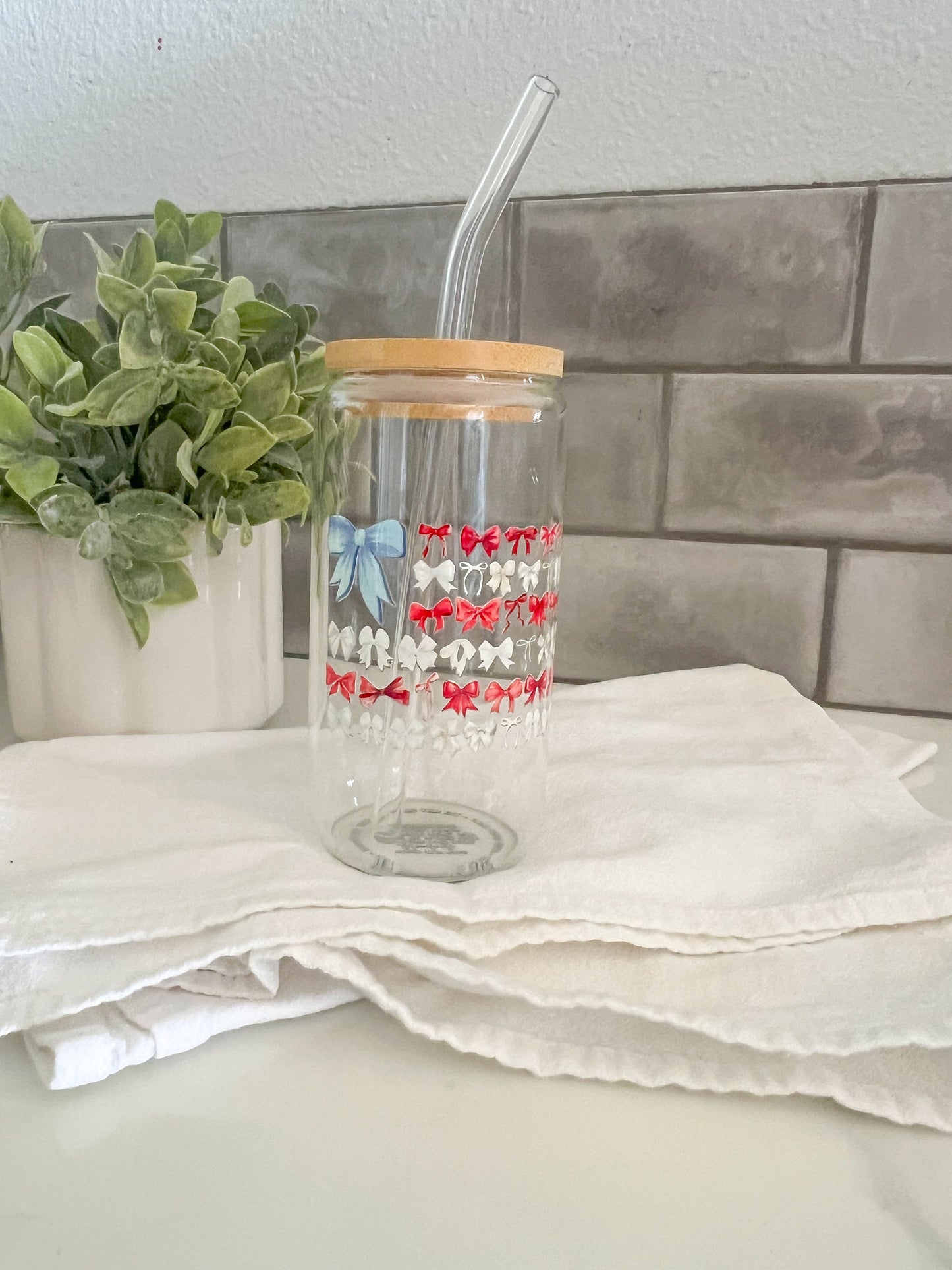 American Flag, Iced Coffee Glass Cup, Glass Tumbler with Straw, Libbey Cup, Red, White & Blue Bows, 4th of July, American Pride