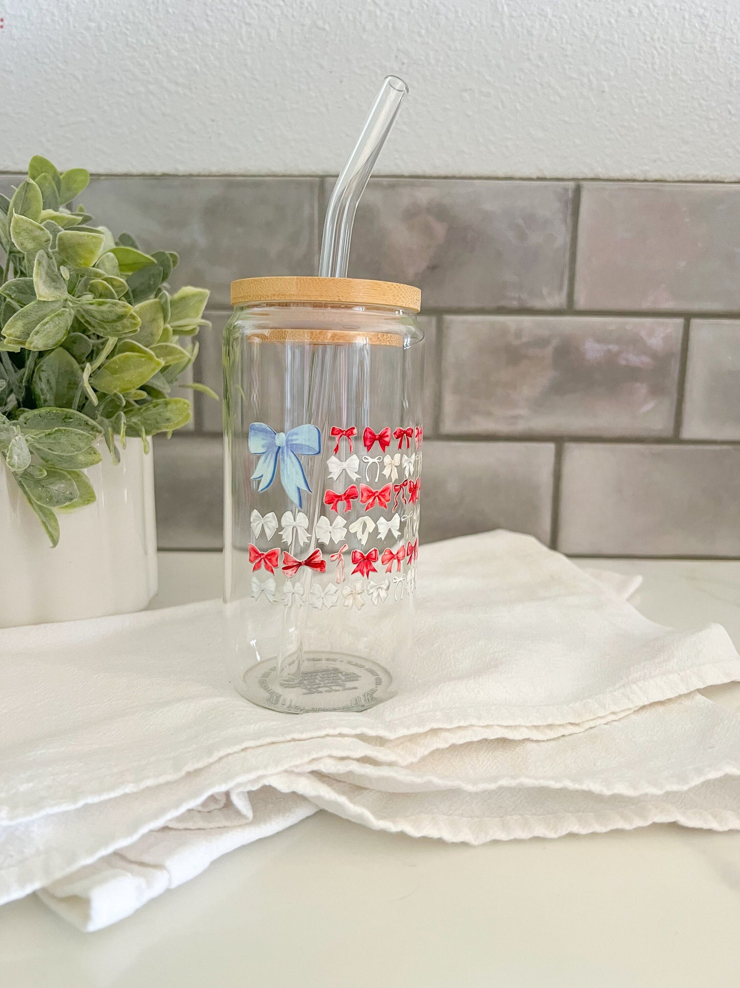 American Flag, Iced Coffee Glass Cup, Glass Tumbler with Straw, Libbey Cup, Red, White & Blue Bows, 4th of July, American Pride