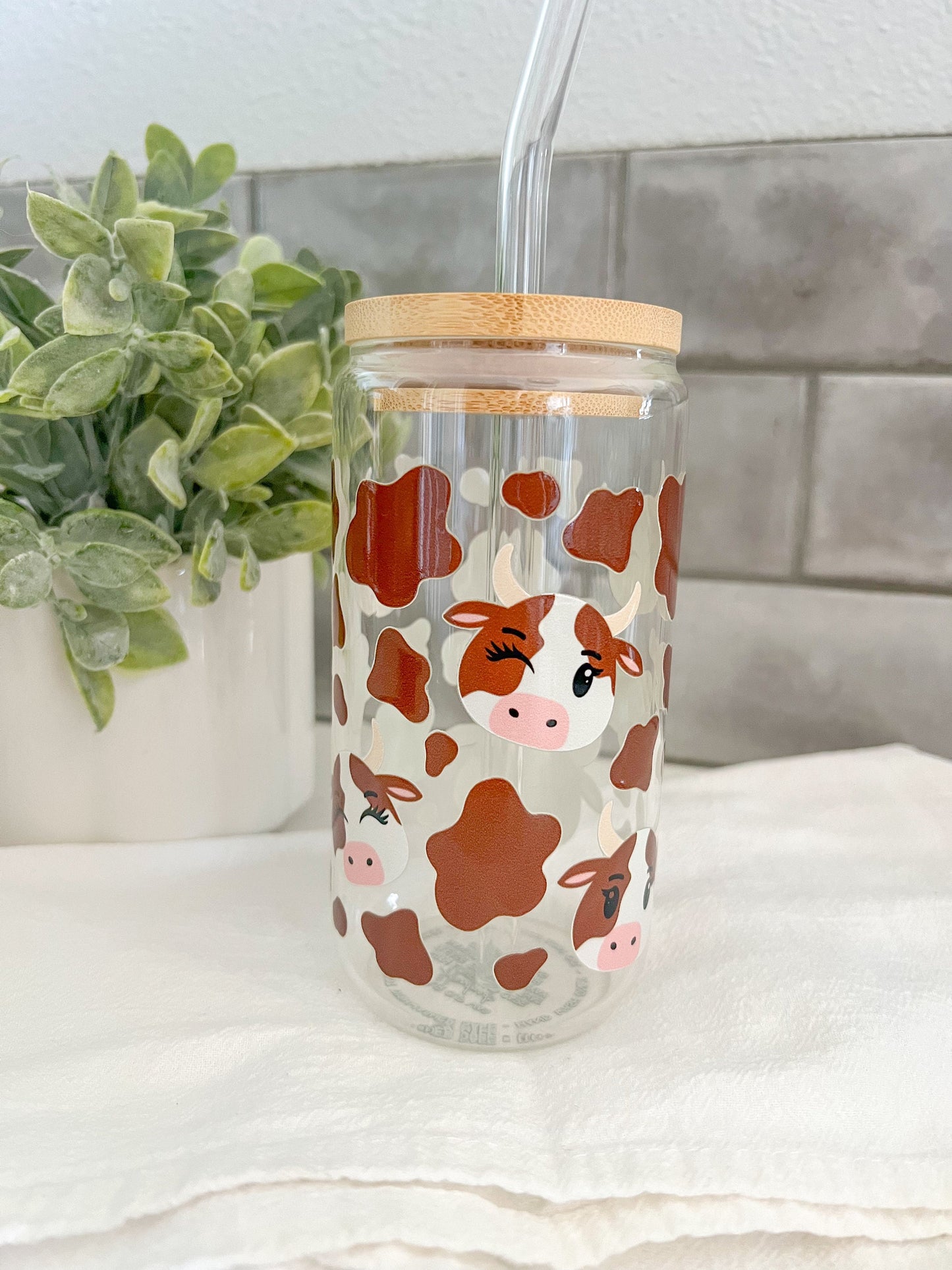 Glass Tumbler with Straw, Iced Coffee Cup, 16 oz cup, Cow Lover Gift, Cow Print Cup, Brown Cow