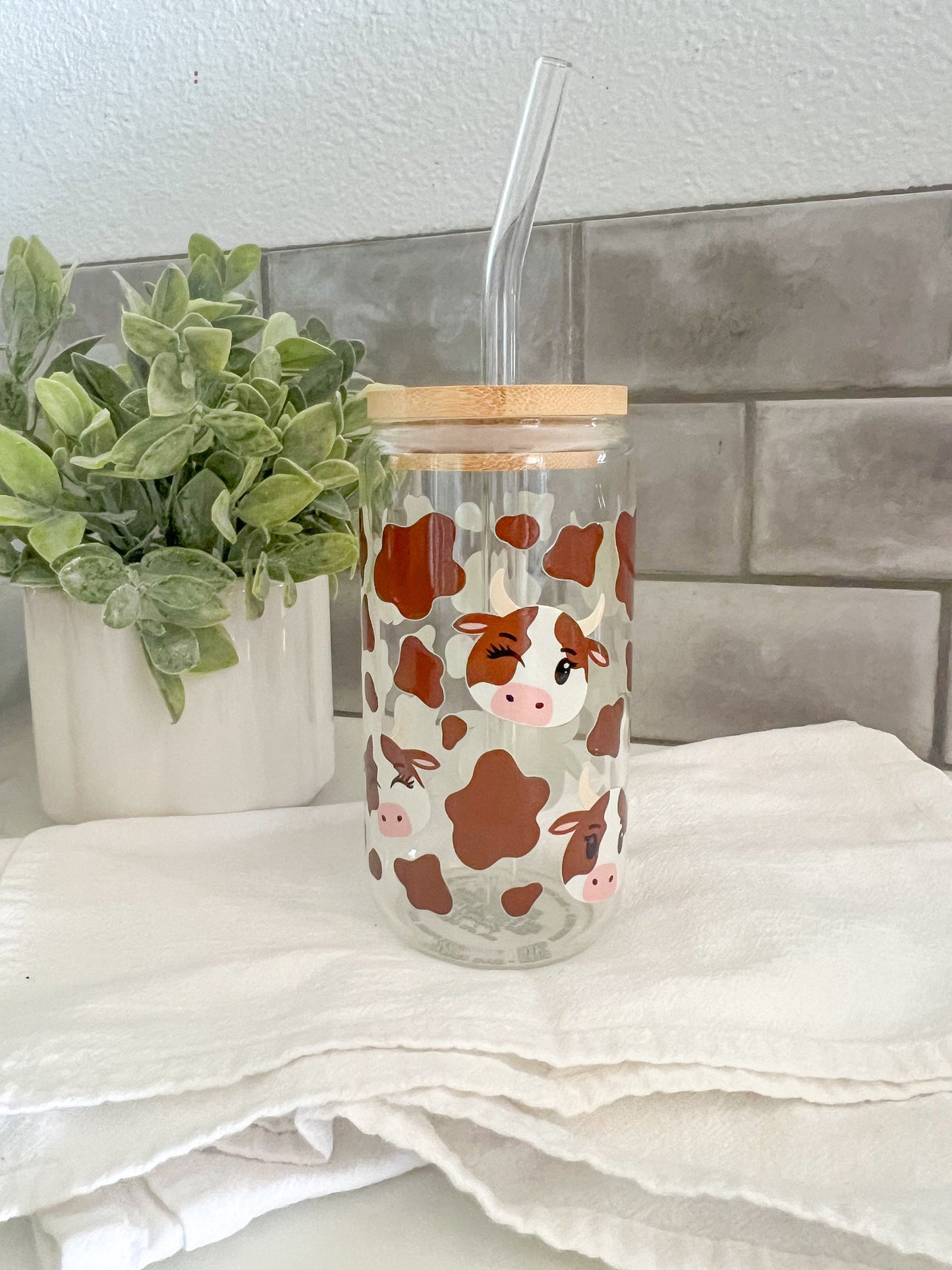 Glass Tumbler with Straw, Iced Coffee Cup, 16 oz cup, Cow Lover Gift, Cow Print Cup, Brown Cow