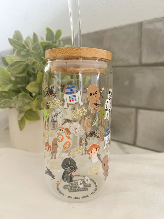 Star Movie Glass Tumbler with Straw, Iced Coffee Cup, 16 oz cup, Galaxy Space Cup, Bamboo Lid Glass Cup