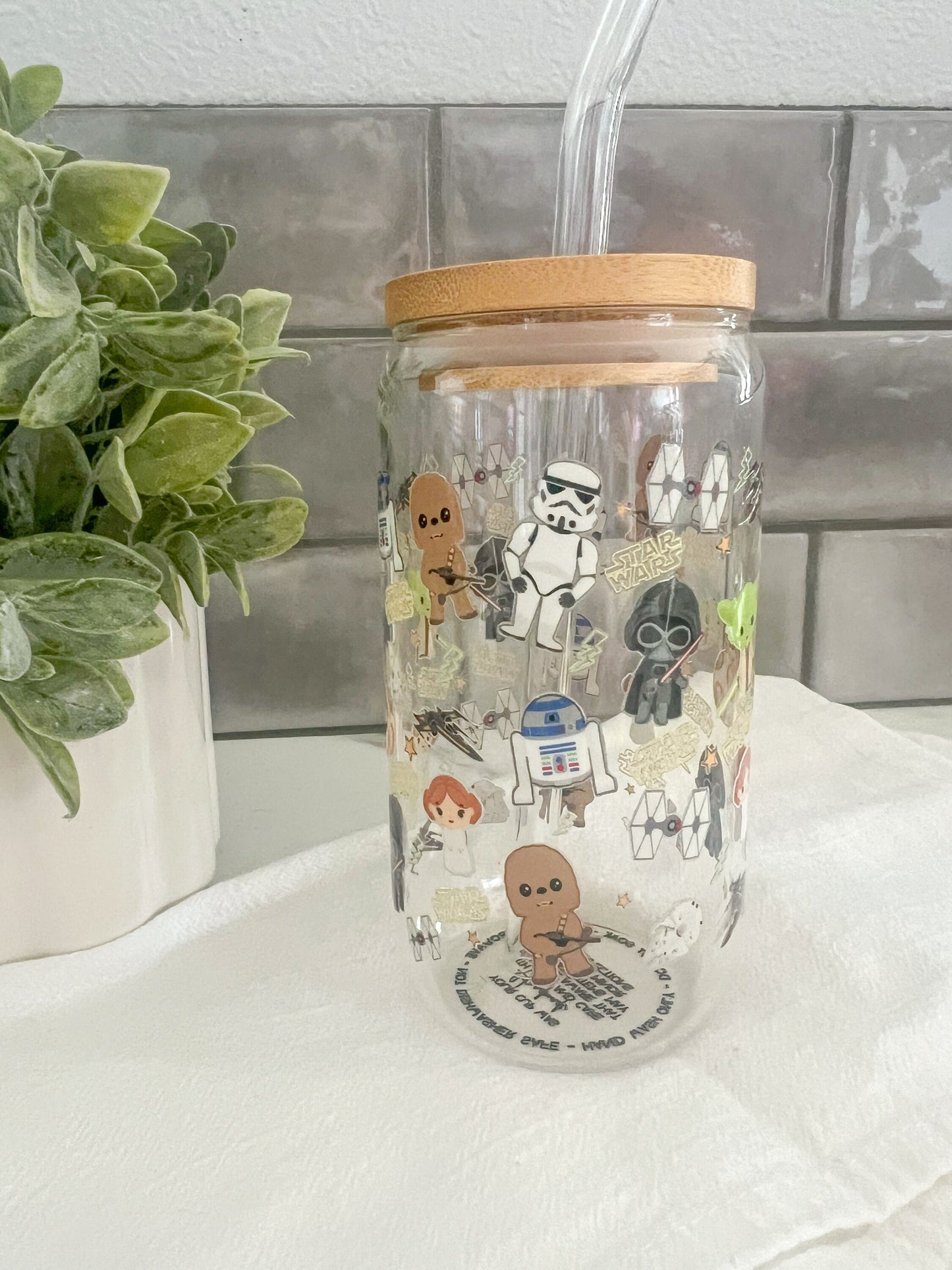 Star Movie Glass Tumbler with Straw, Iced Coffee Cup, 16 oz cup, Galaxy Space Cup, Bamboo Lid Glass Cup