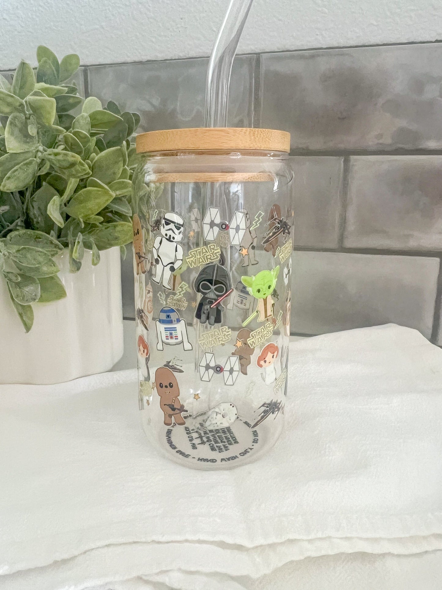 Star Movie Glass Tumbler with Straw, Iced Coffee Cup, 16 oz cup, Galaxy Space Cup, Bamboo Lid Glass Cup