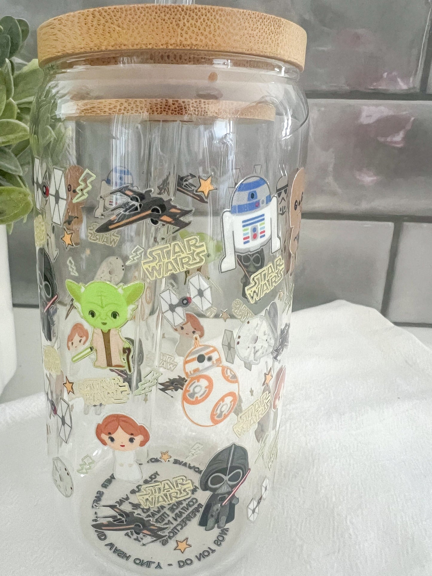 Star Movie Glass Tumbler with Straw, Iced Coffee Cup, 16 oz cup, Galaxy Space Cup, Bamboo Lid Glass Cup