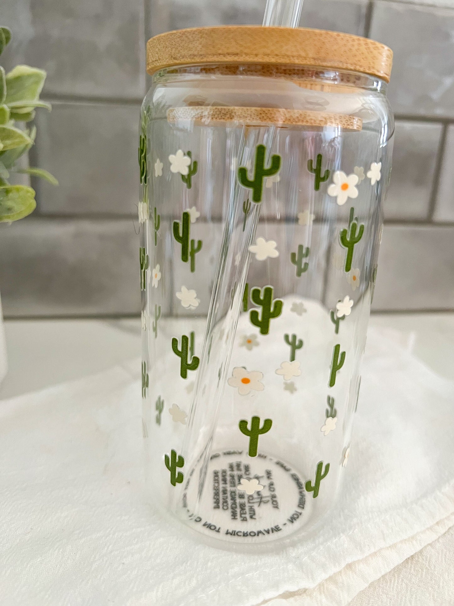 Western, 16oz Iced Coffee Glass Cup, Tumbler with Straw and Bamboo Lid, Cactus Cup